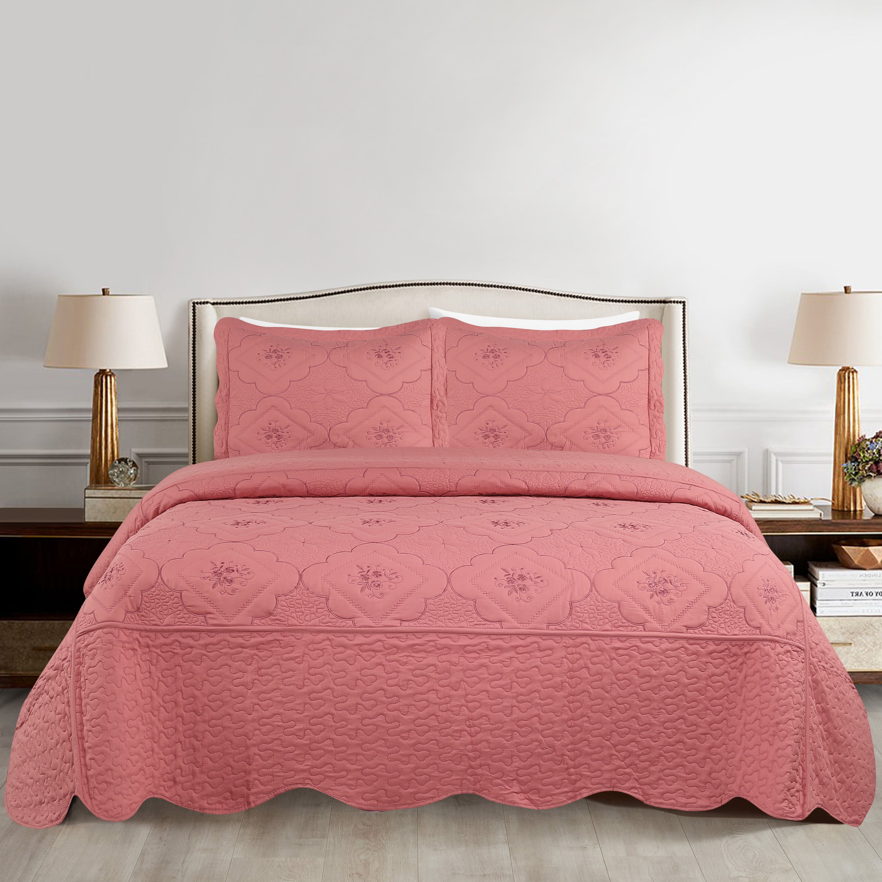3 Piece Floral Embroidered Quilted Bedspread Set