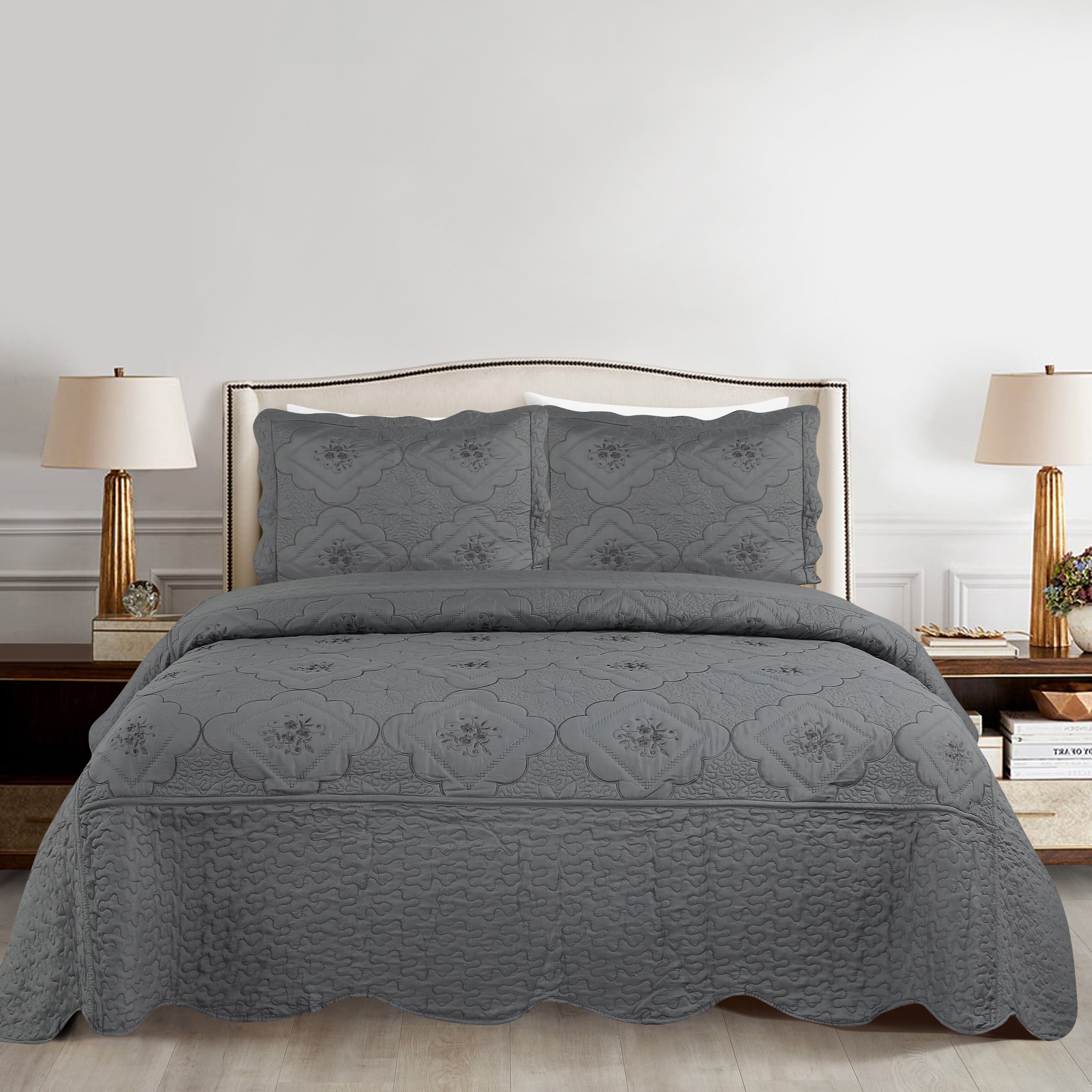 3 Piece Floral Embroidered Quilted Bedspread Set