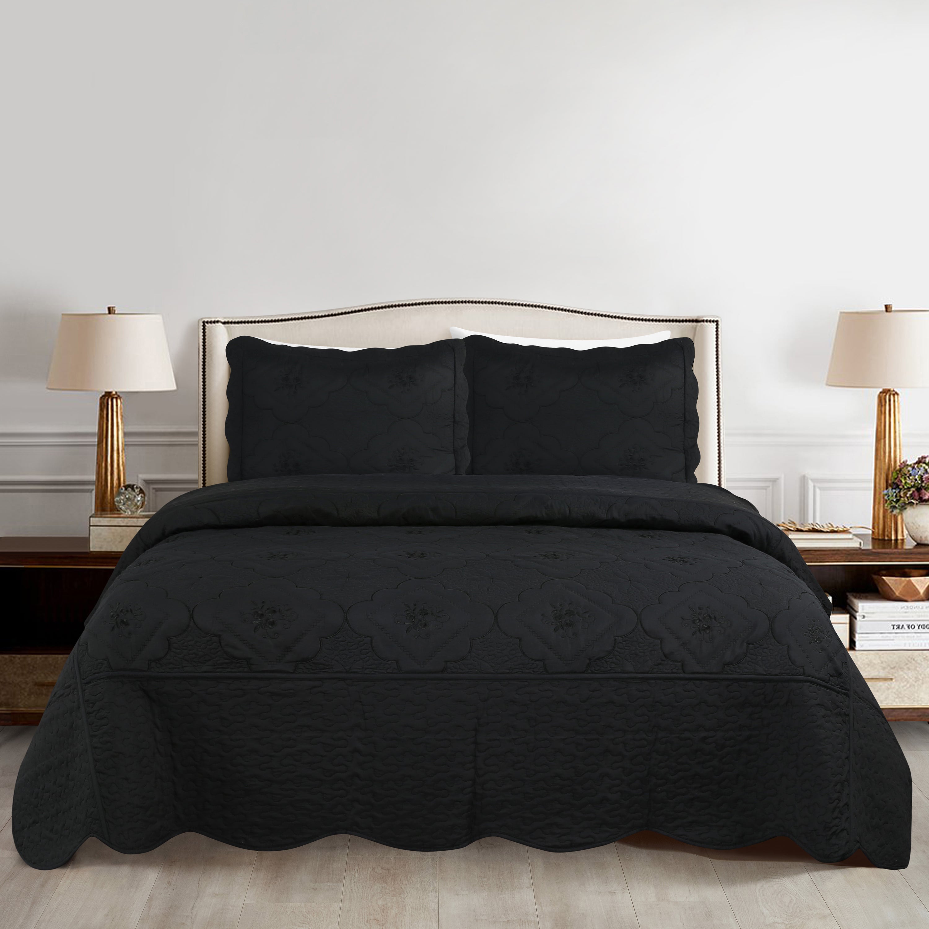 3 Piece Floral Embroidered Quilted Bedspread Set