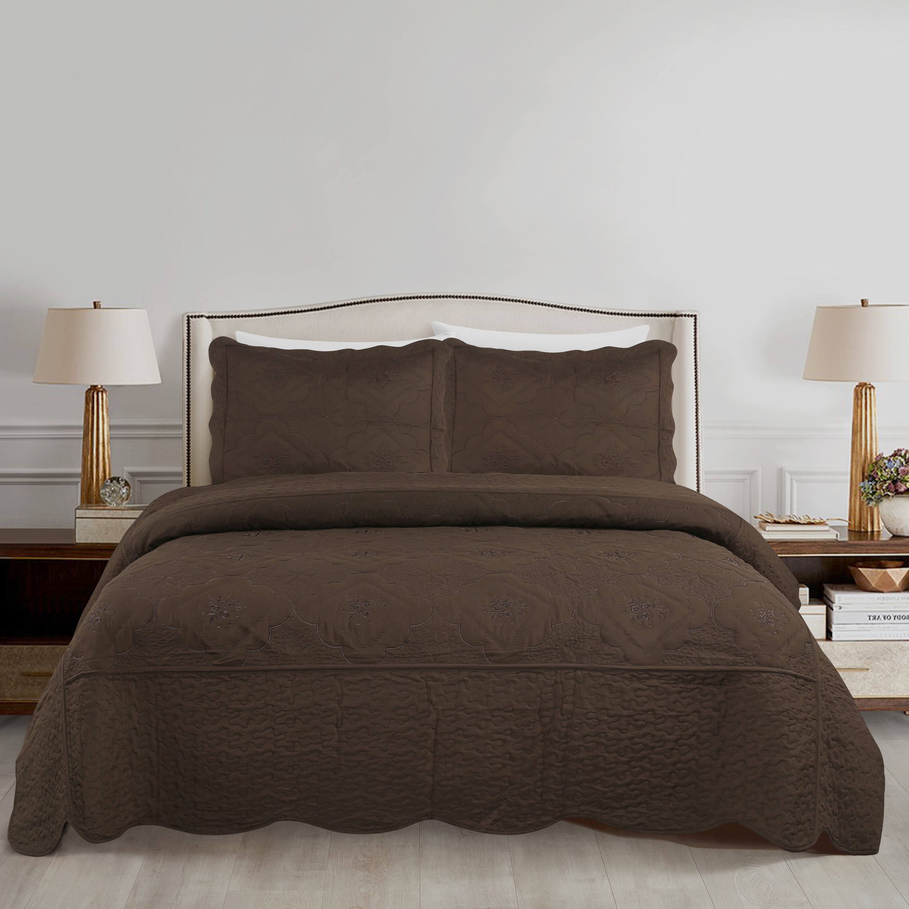 3 Piece Floral Embroidered Quilted Bedspread Set