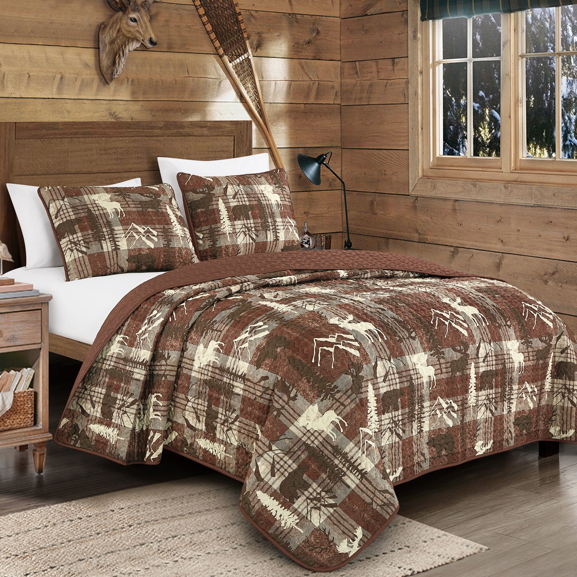 3 Piece Rustic Wildlife Reversible Polyester Quilt Bedspread Set