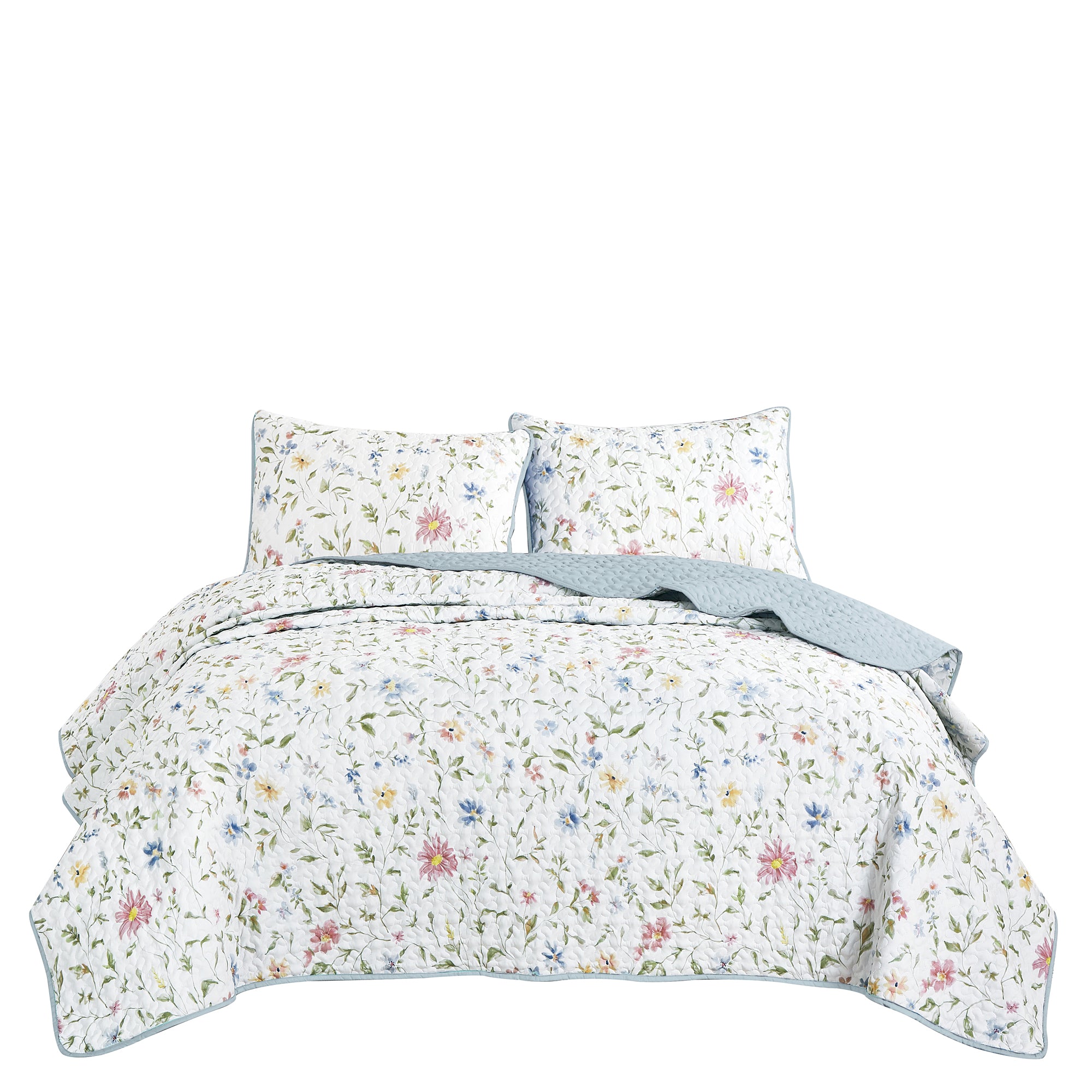 3 Piece Lightweight Quilt Bedspread Set Reversible Floral Botanical
