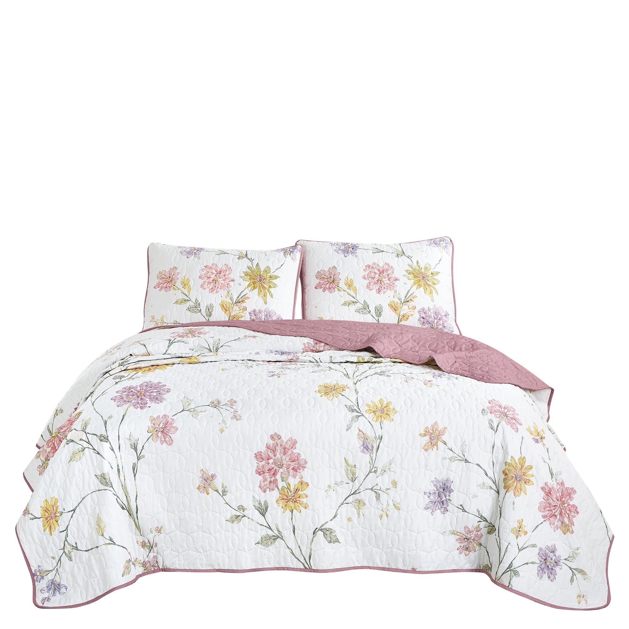 3 Piece Lightweight Quilt Bedspread Set Reversible Floral Botanical