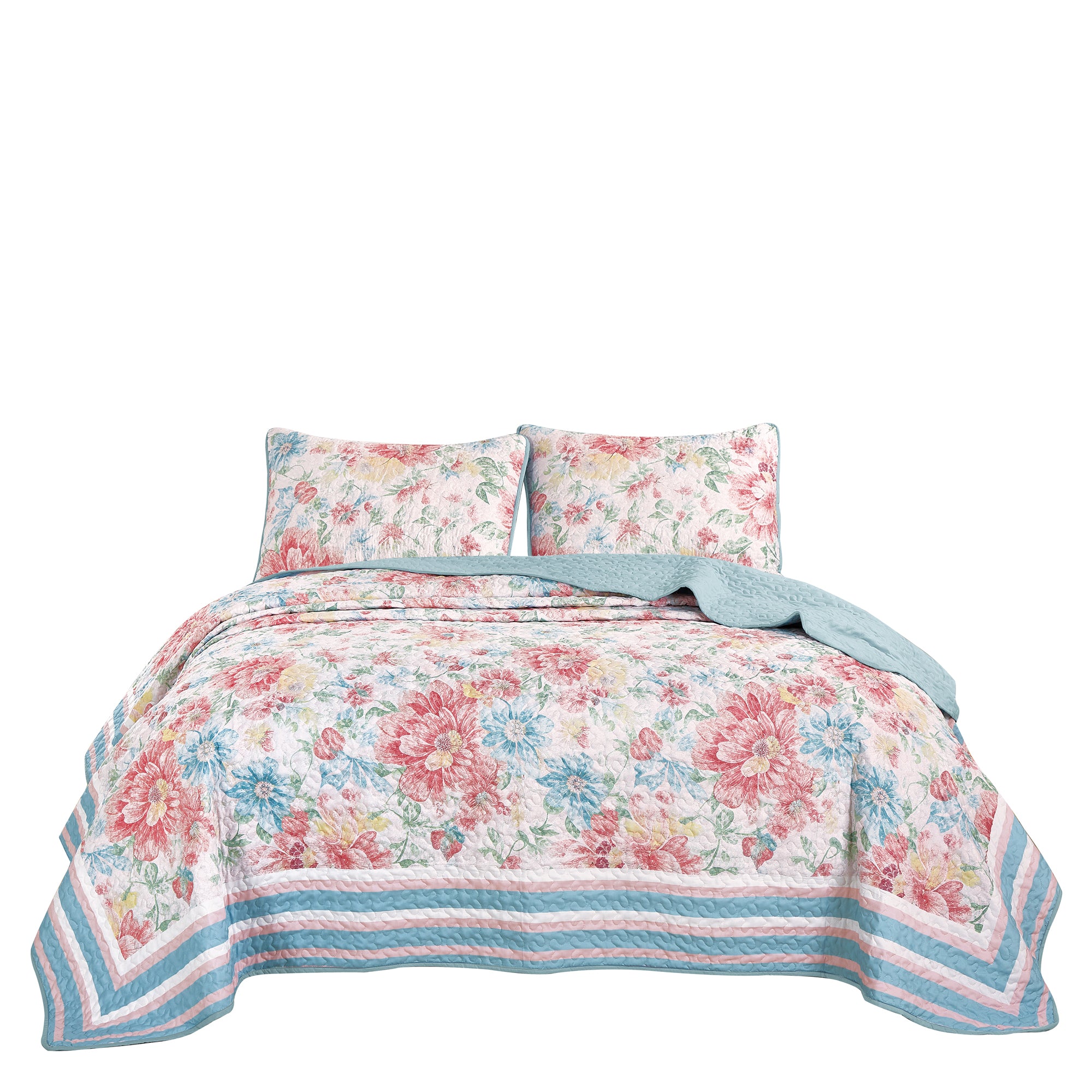 3 Piece Lightweight Quilt Bedspread Set Reversible Floral Botanical