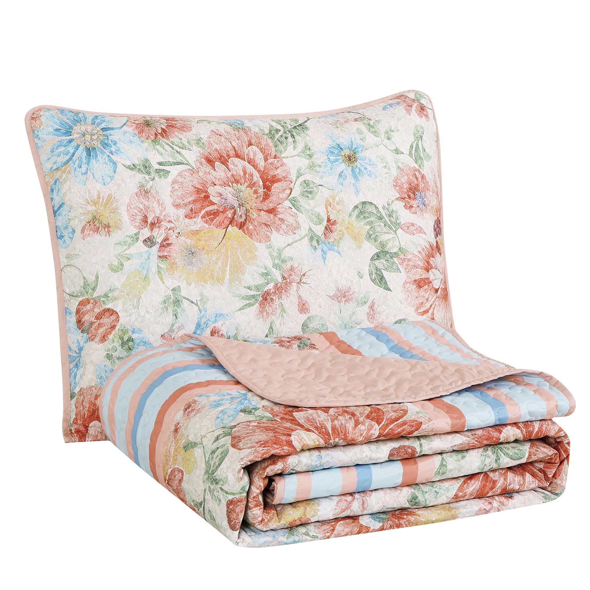 3 Piece Lightweight Quilt Bedspread Set Reversible Floral Botanical