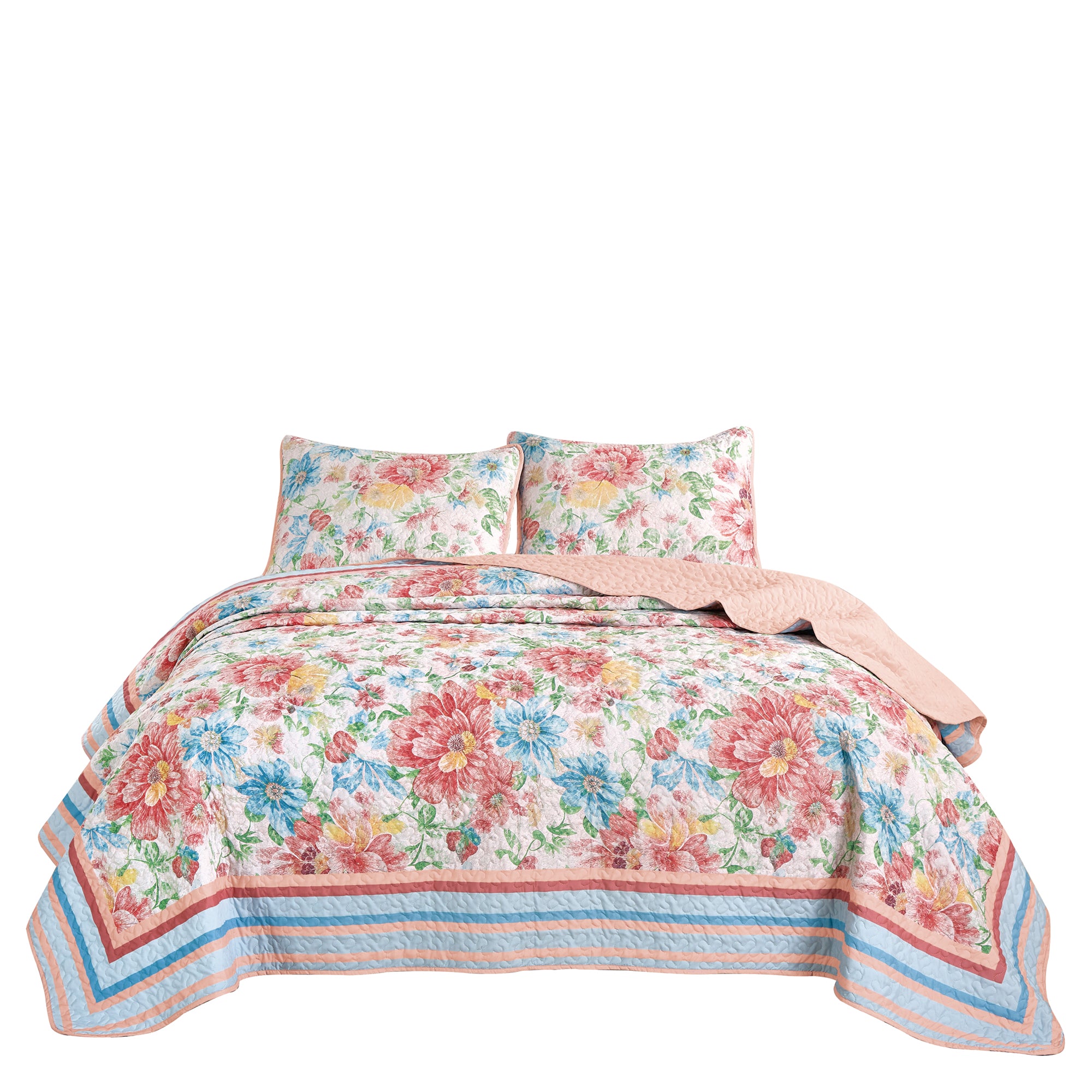 3 Piece Lightweight Quilt Bedspread Set Reversible Floral Botanical