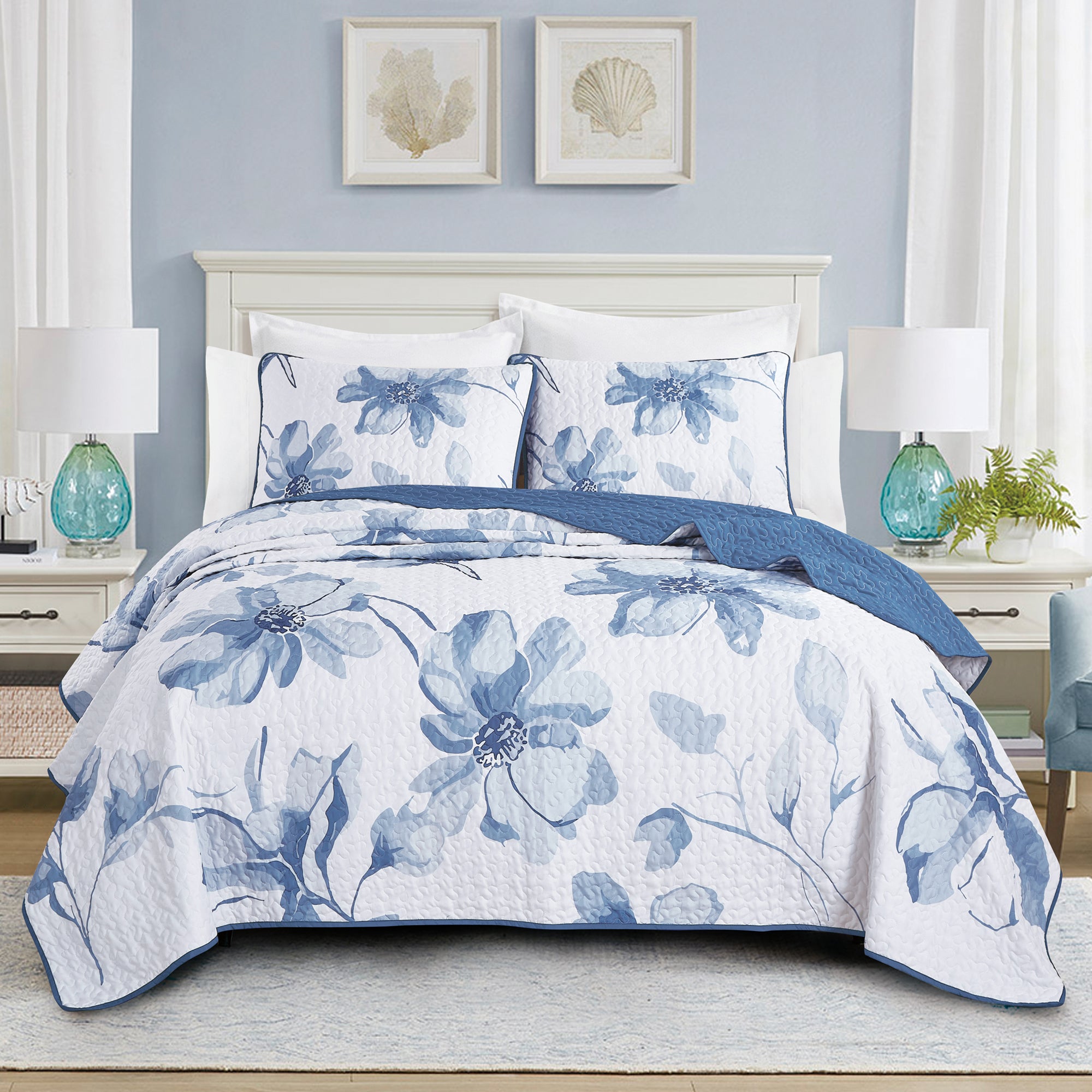 3 Piece Lightweight Quilt Bedspread Set Reversible Floral Botanical