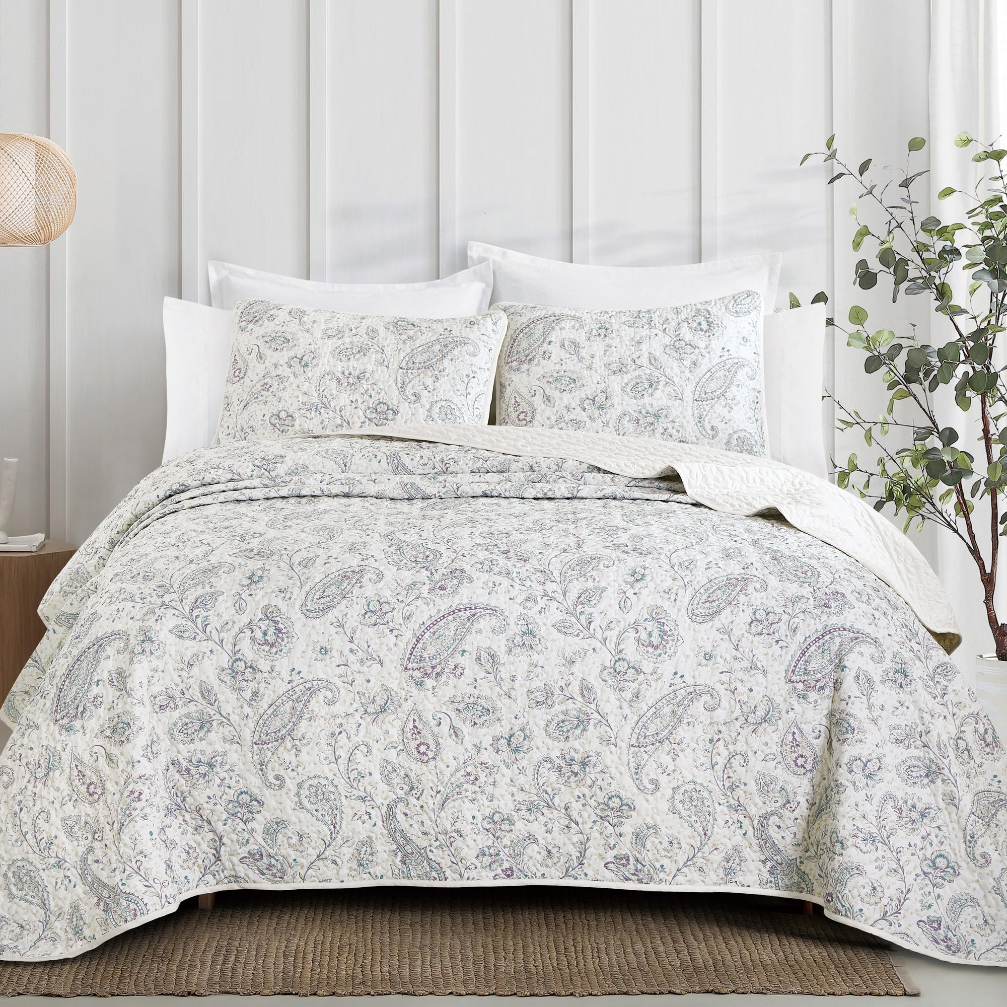 3 Piece Lightweight Quilt Bedspread Set Reversible Floral Botanical