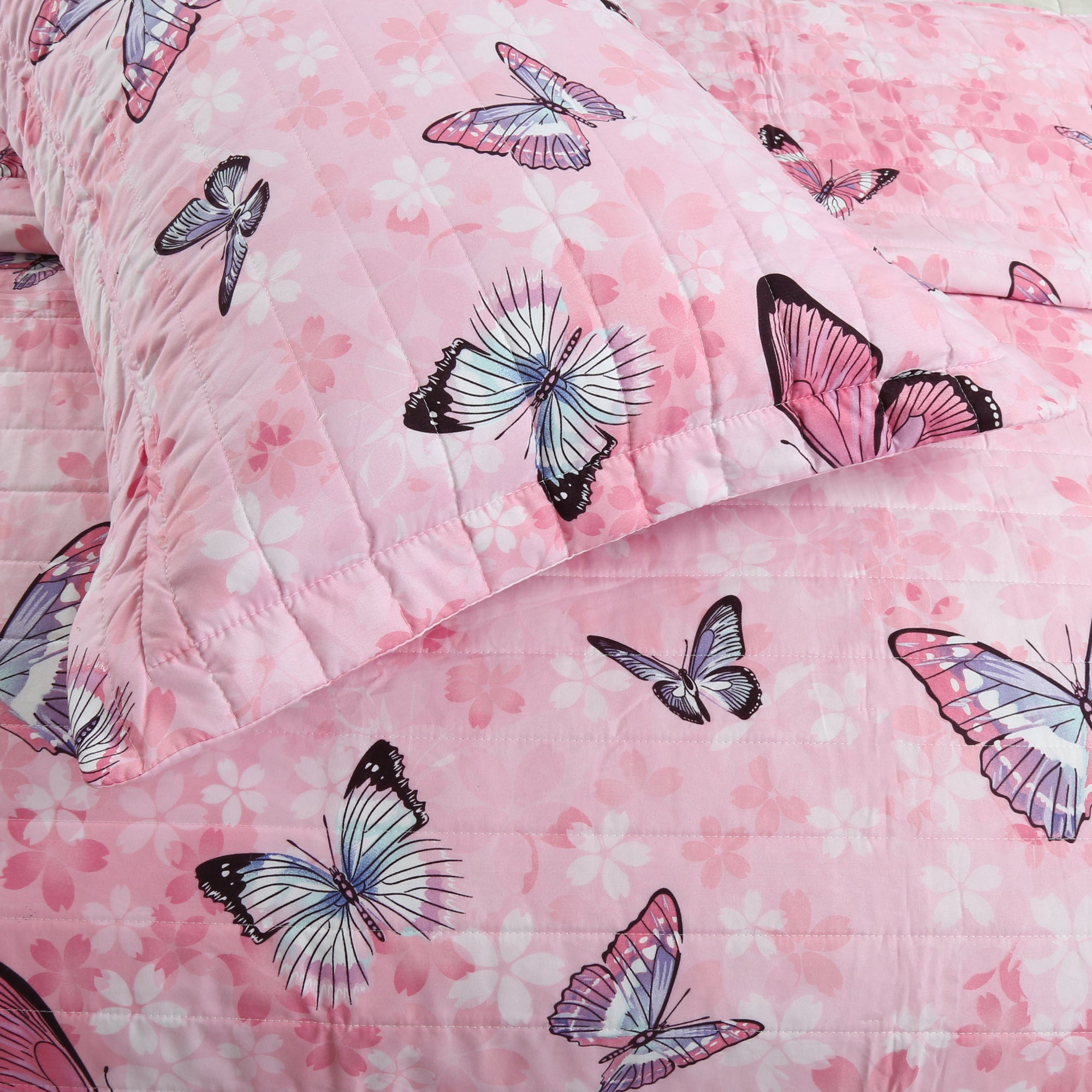 2/3 Piece Kids Girls Butterfly Quilt Set, Soft Lightweight Bedspread