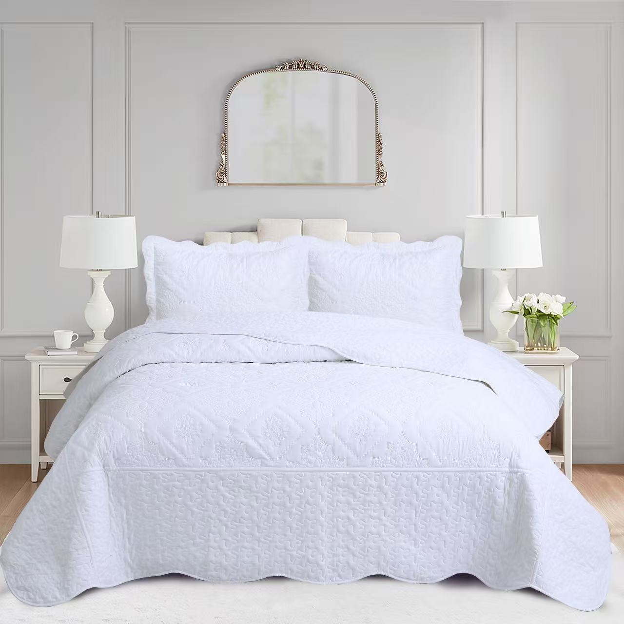 3 Piece Floral Embroidered Quilted Bedspread Set