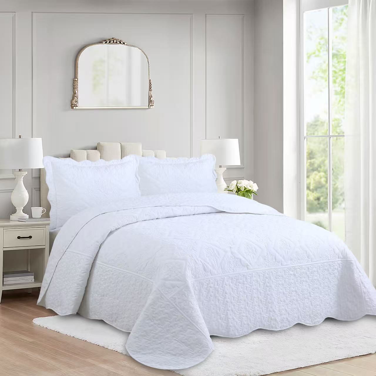 3 Piece Floral Embroidered Quilted Bedspread Set