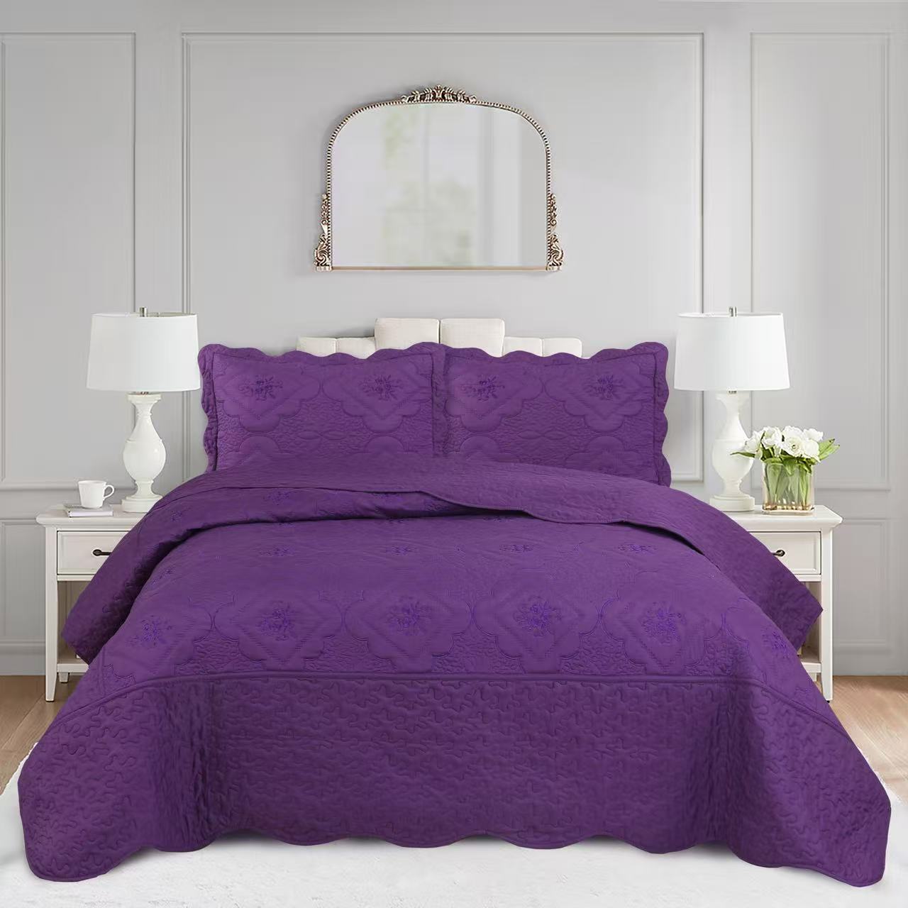 3 Piece Floral Embroidered Quilted Bedspread Set