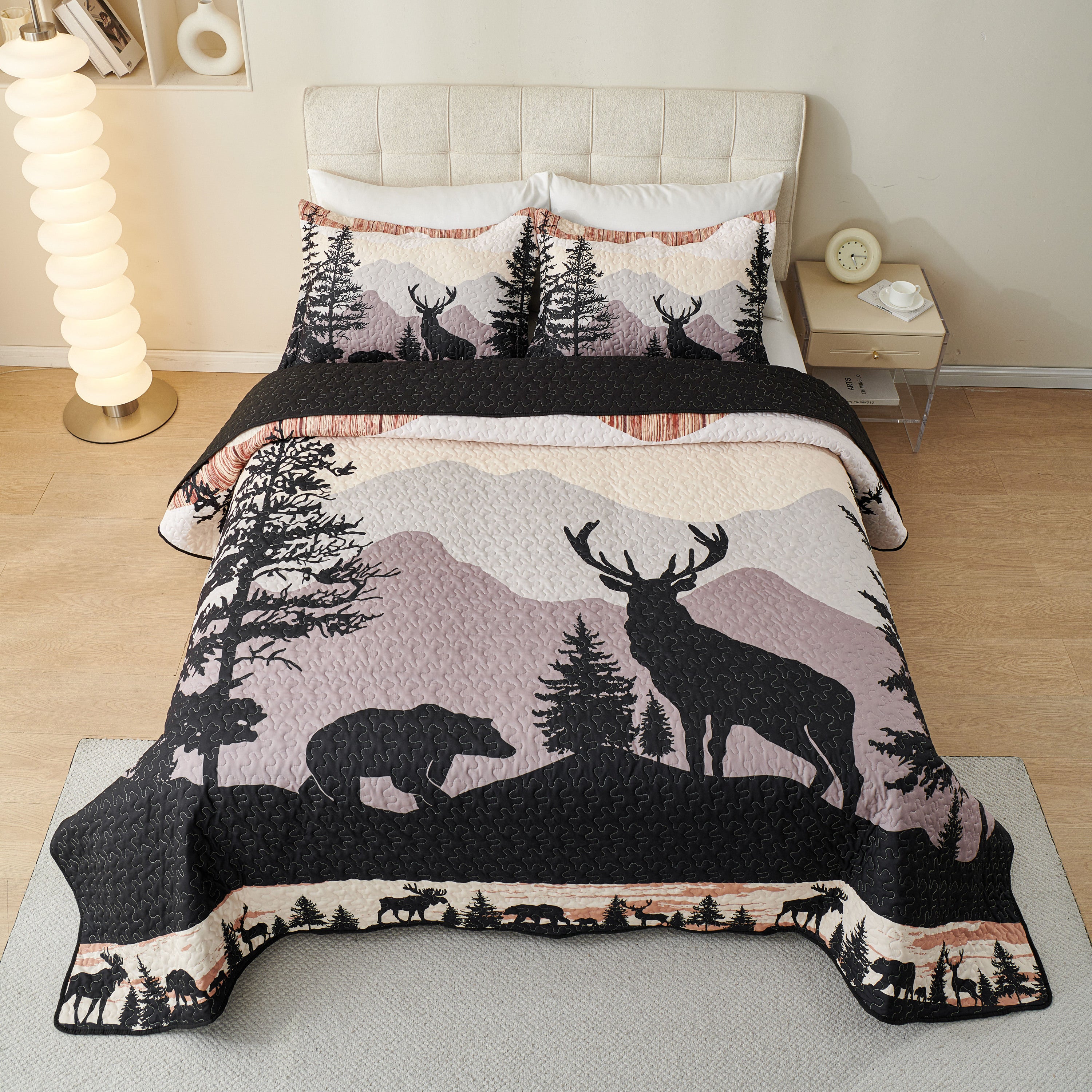 3 Piece Rustic Lodge Quilt Set - Deer Bear Forest Bedspread WX203