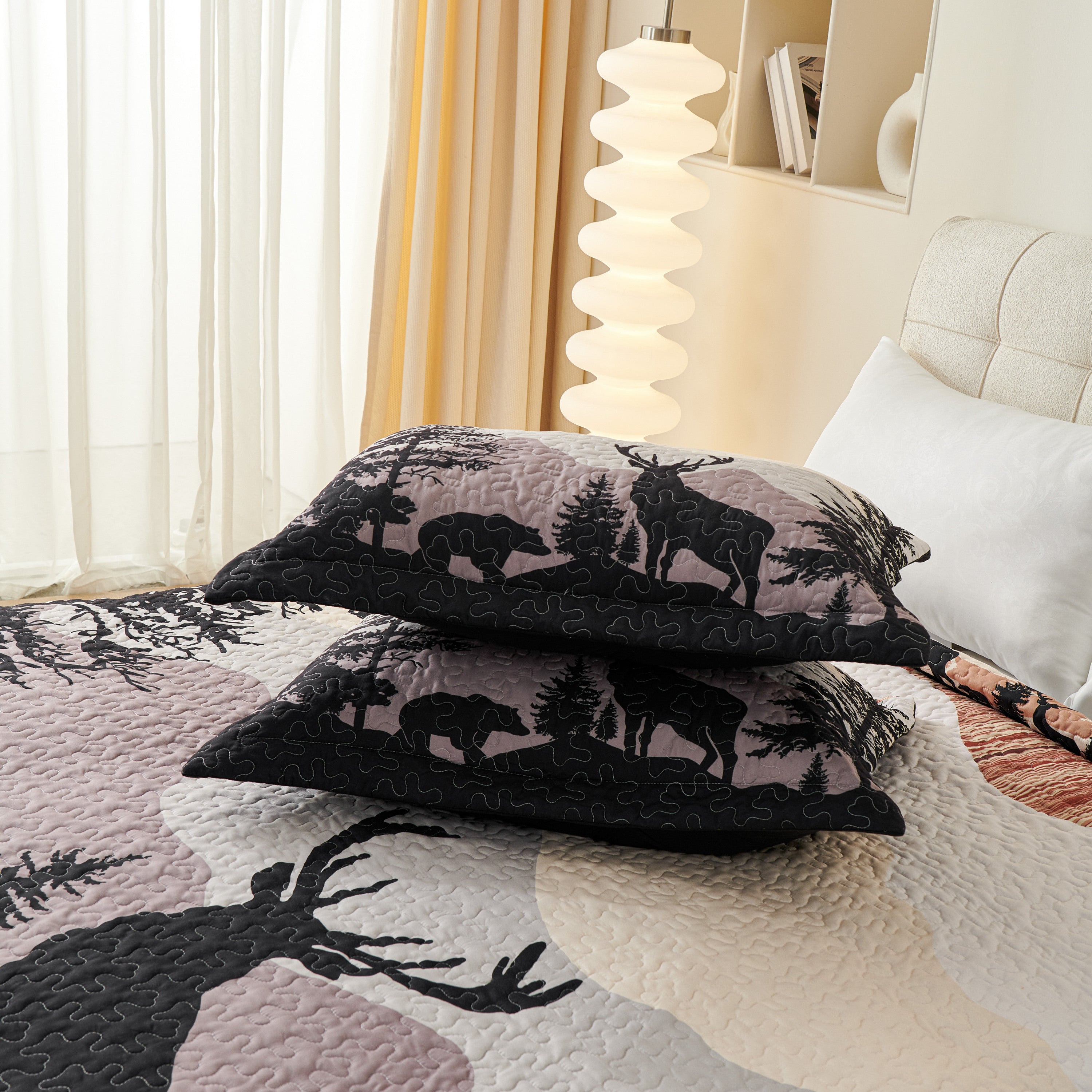 3 Piece Rustic Lodge Quilt Set - Deer Bear Forest Bedspread WX203