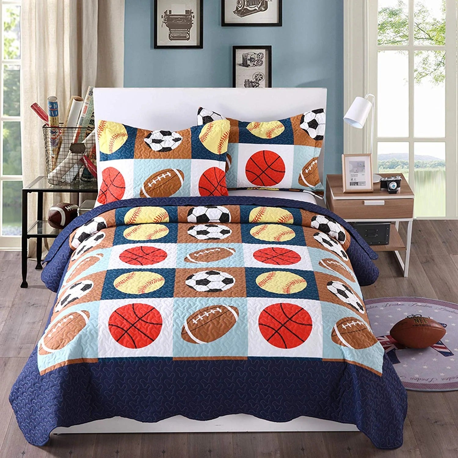 2/3 Piece Kids Sports Quilt Set, Football Basketball Bedspread for Boys Teens