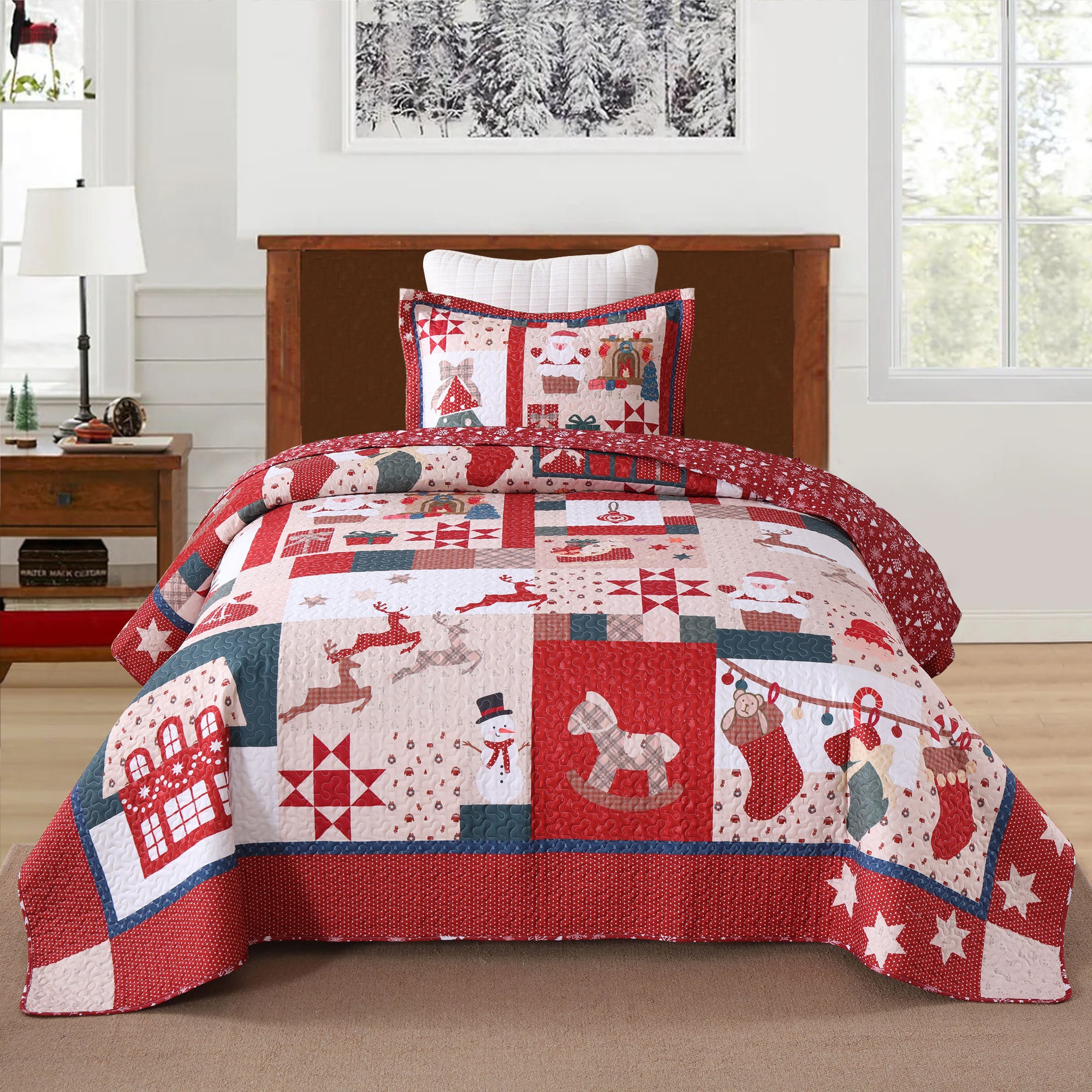 3 Piece Reversible Polyester Vintage Christmas Patchwork Quilt Set Holiday Bedspread BY220