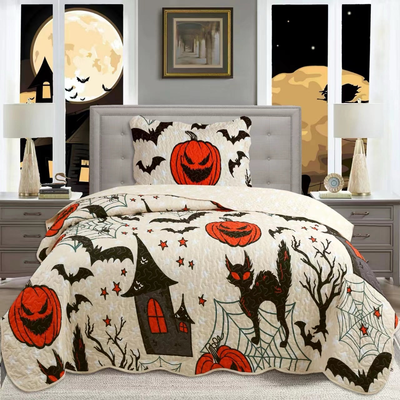 3 Piece Halloween Quilt Set - Pumpkin & Bat Print Bedspread ME503