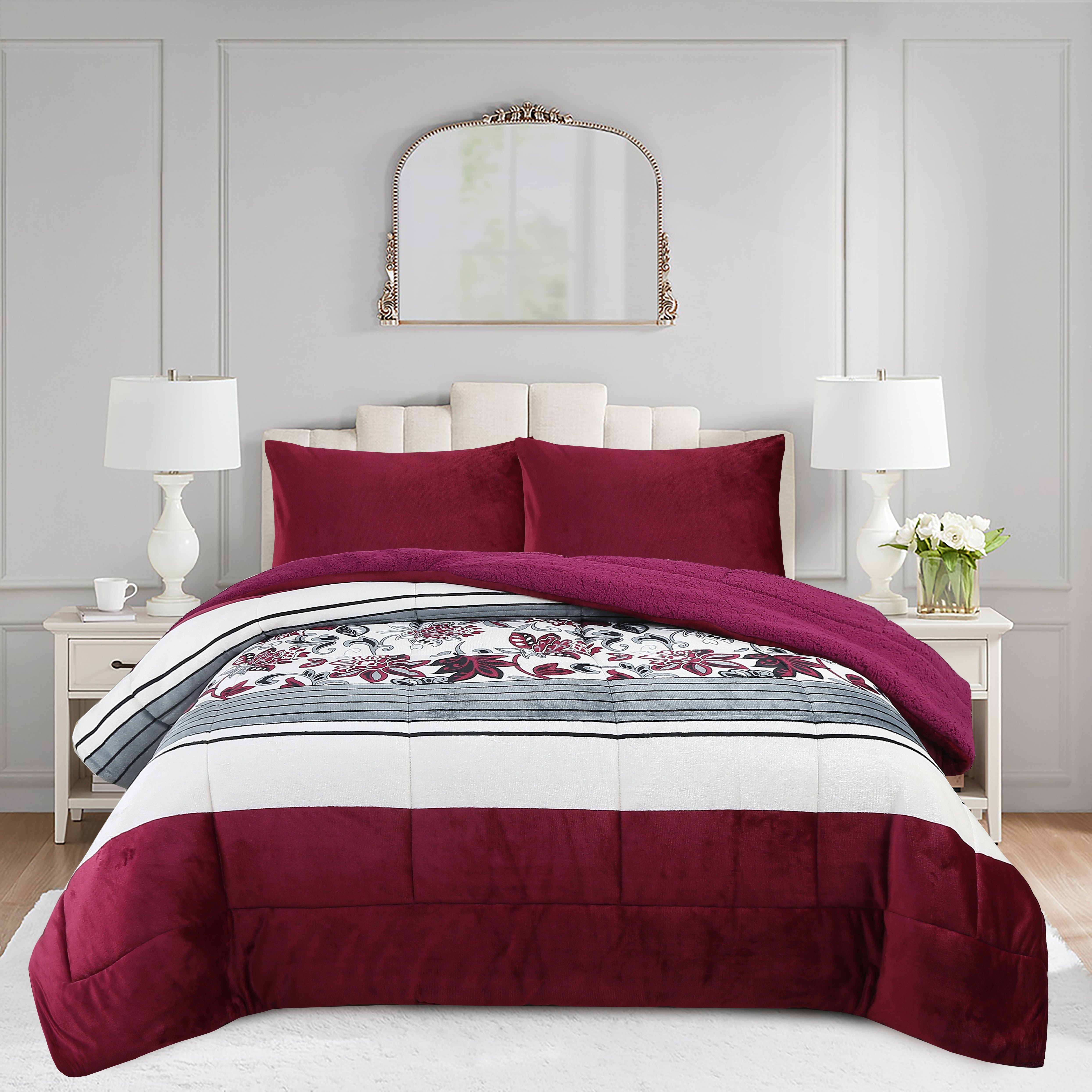 3 Piece Plush Sherpa Comforter Set – Soft Floral Velvet