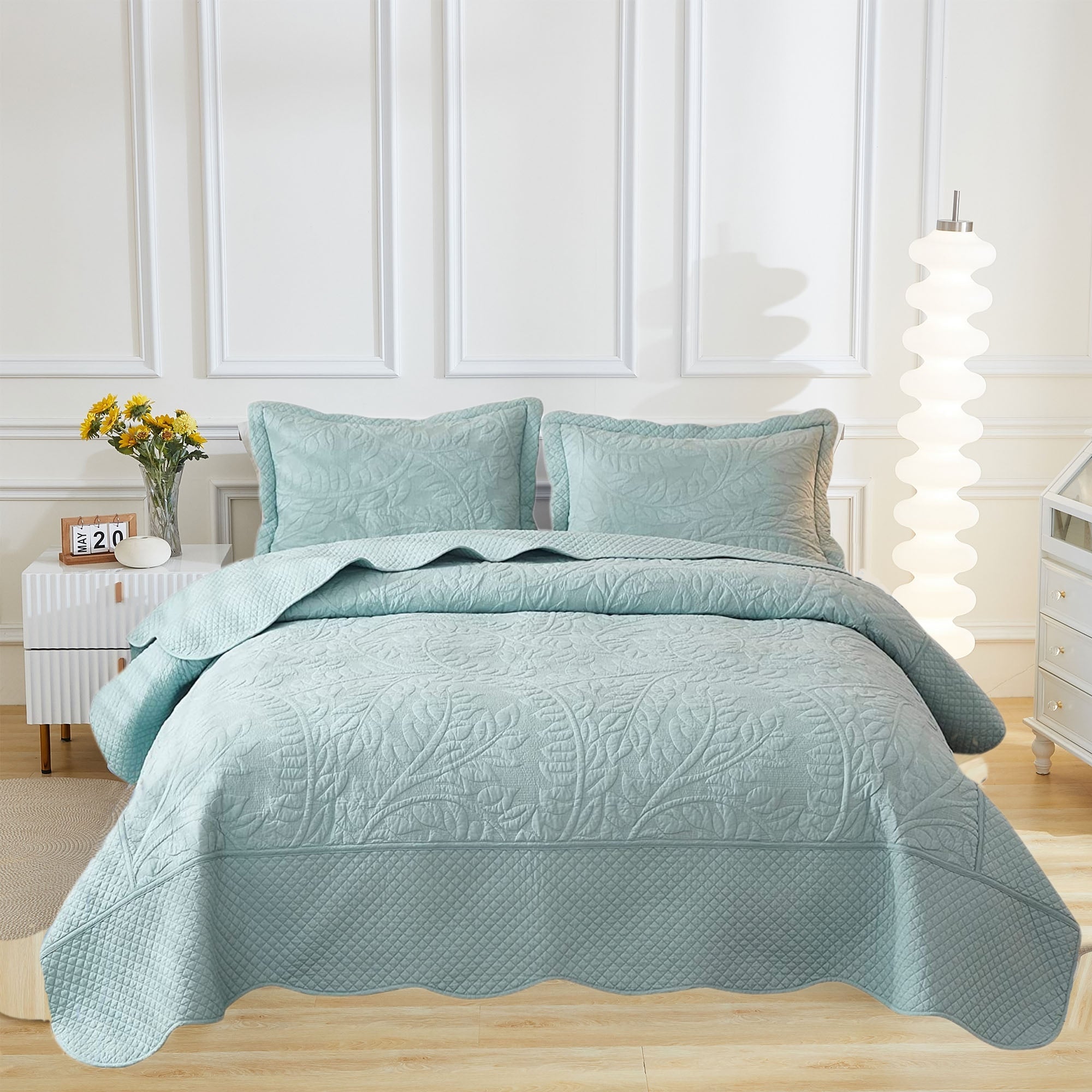 3 Piece 100% Cotton Embroidered Quilt Set – Botanical Farmhouse Bedspread