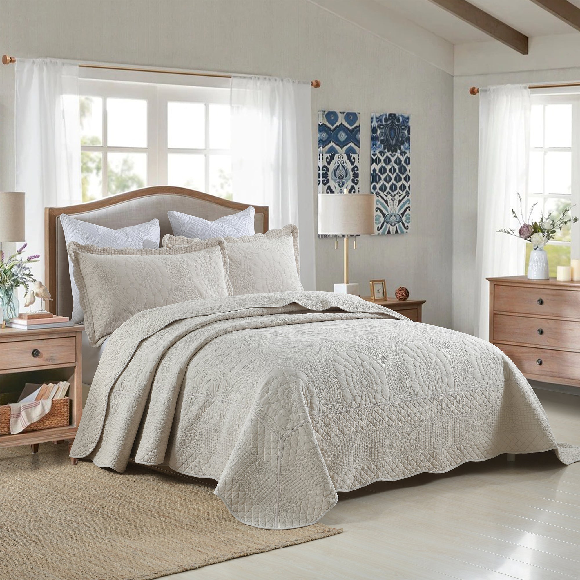 3 Piece 100% Cotton Quilt Set, Oversized Lightweight Quilted Bedspread TF