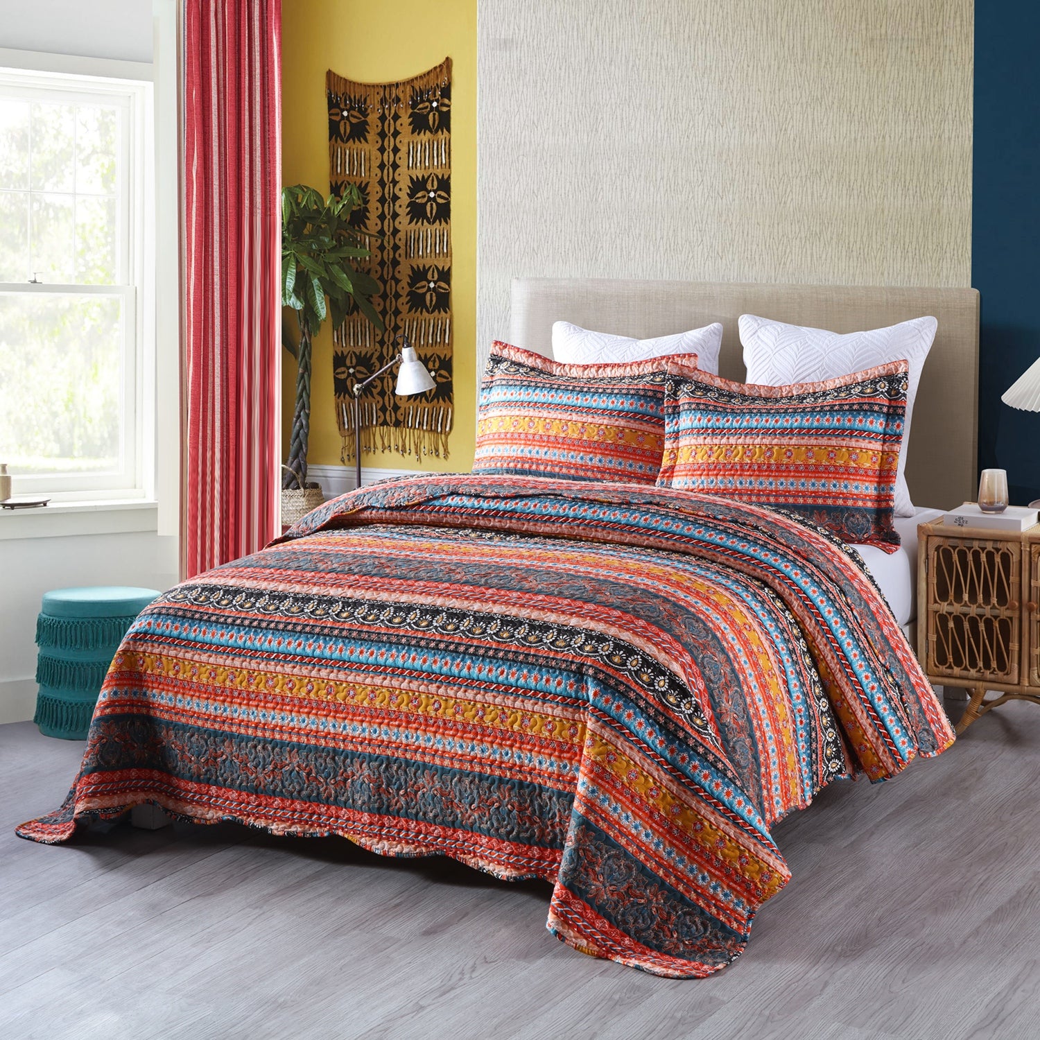3 Piece Boho Quilt Set, Tribal Striped Bedspread Lightweight BY012