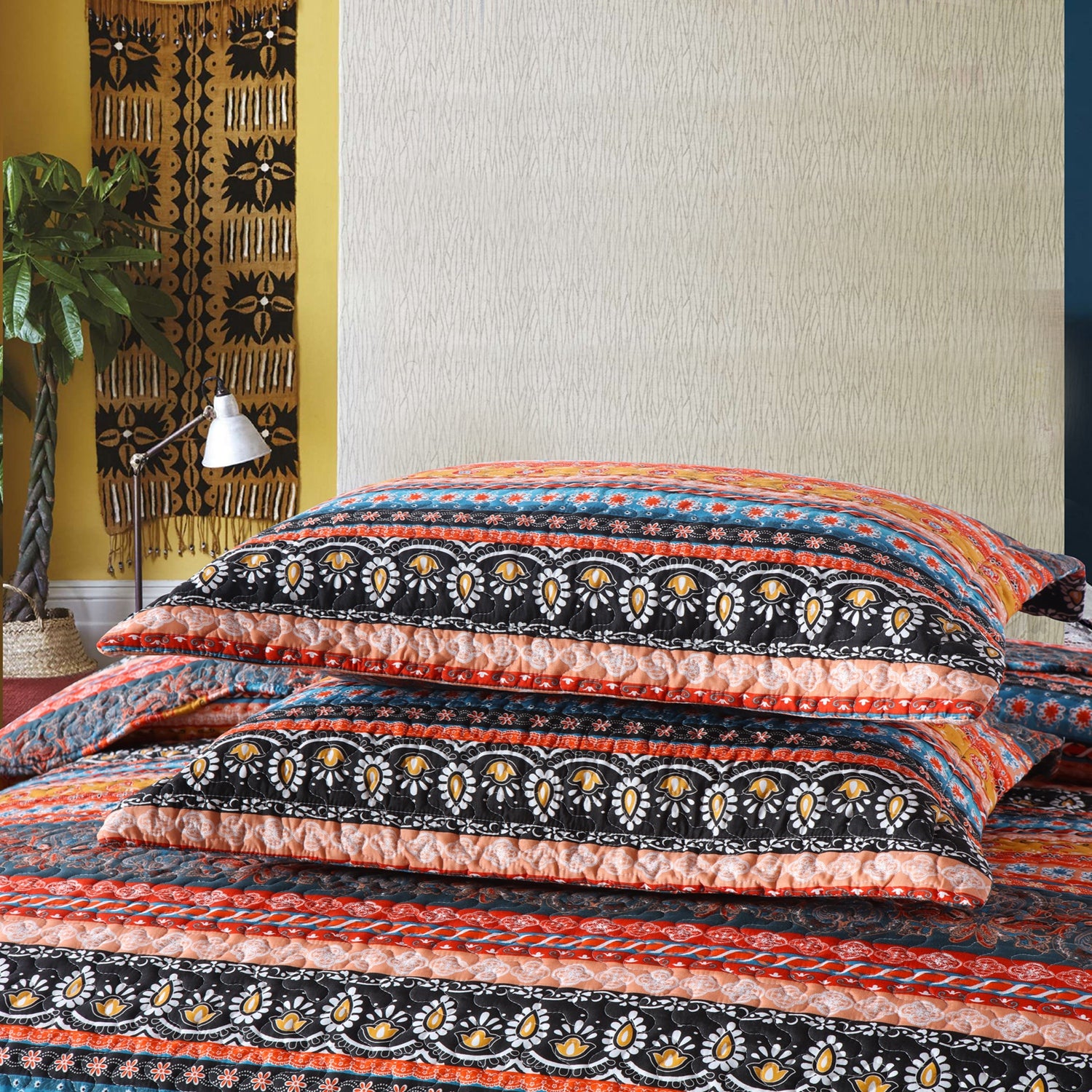 3 Piece Boho Quilt Set, Tribal Striped Bedspread Lightweight BY012