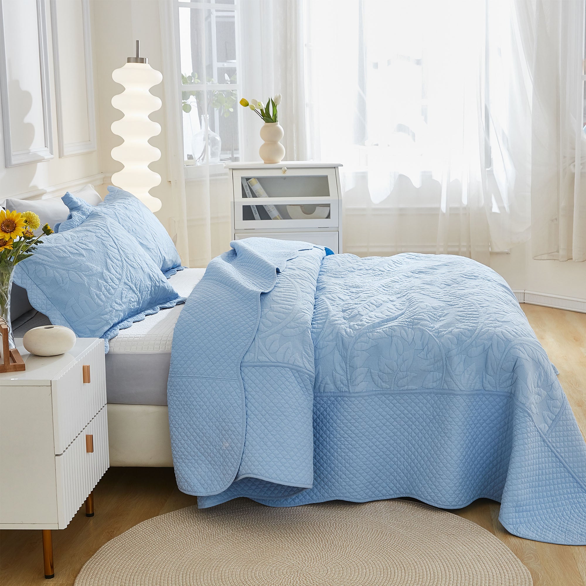 3 Piece 100% Cotton Quilt Set, Oversized Quilted Bedspread T