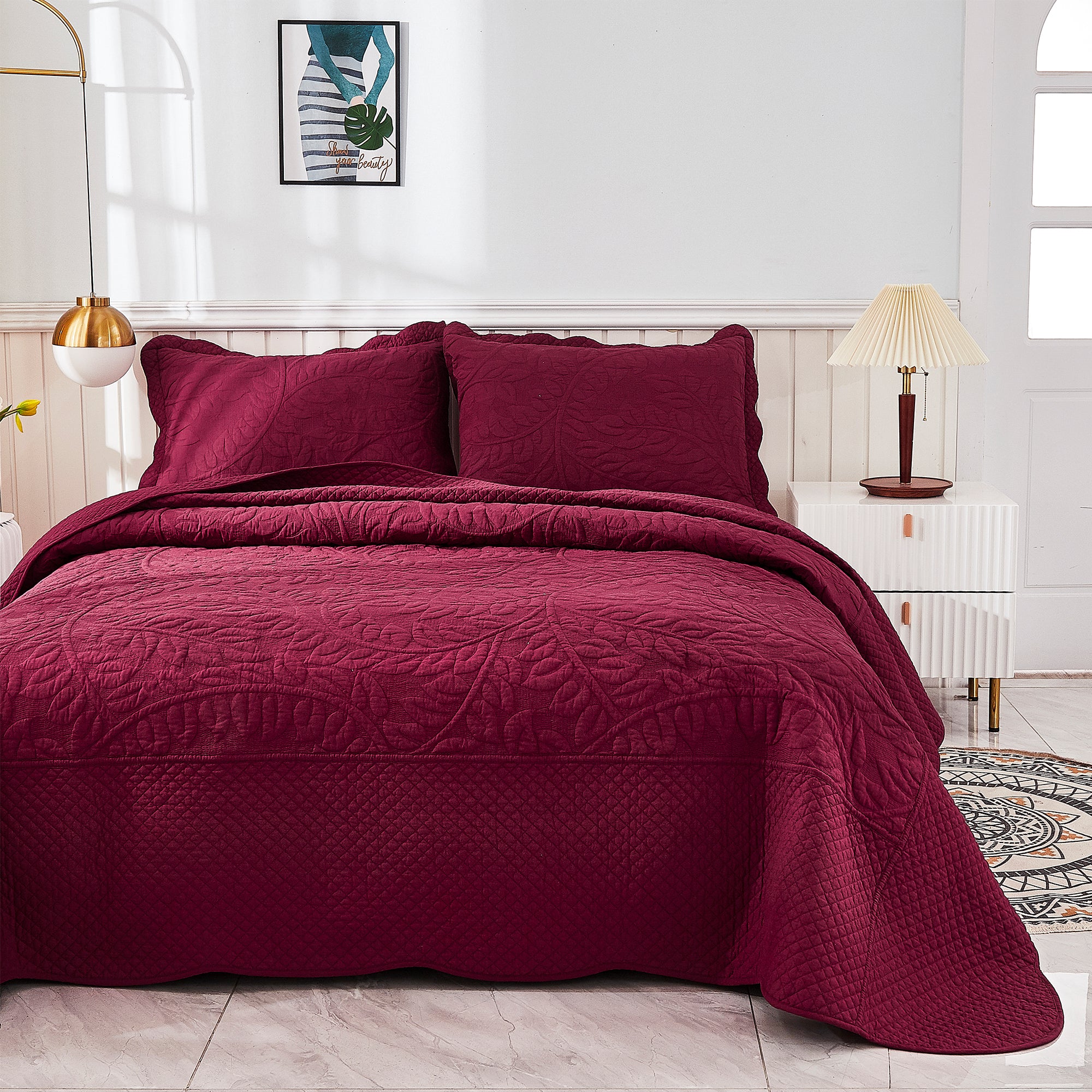 3 Piece 100% Cotton Quilt Set, Oversized Quilted Bedspread T