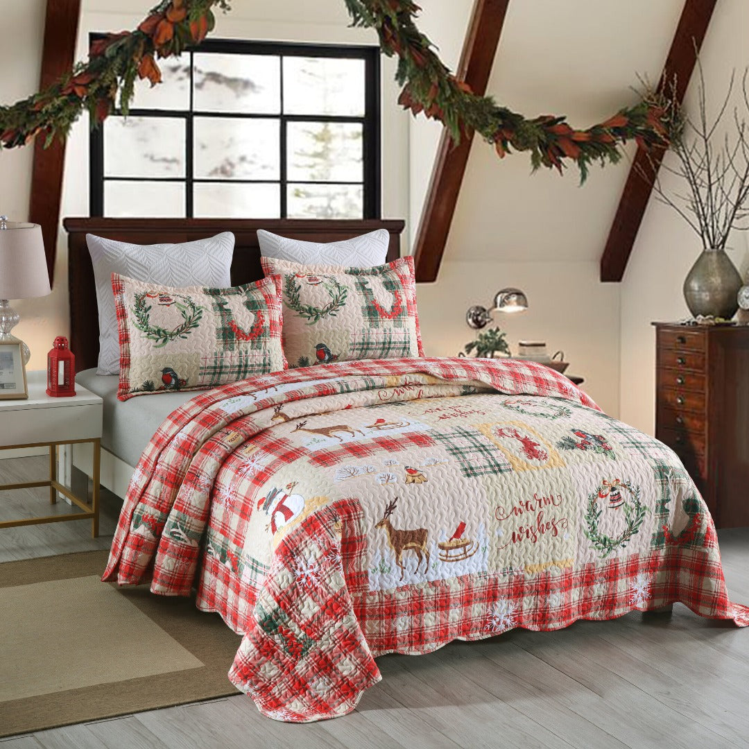 3 Piece Christmas Quilt Set Lightweight Holiday Plaid Patchwork Bedspread B021