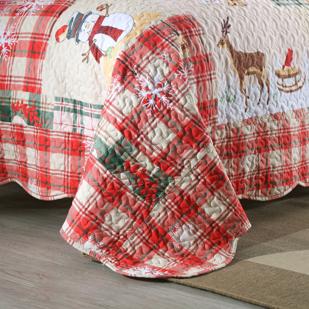 3 Piece Christmas Quilt Set Lightweight Holiday Plaid Patchwork Bedspread B021