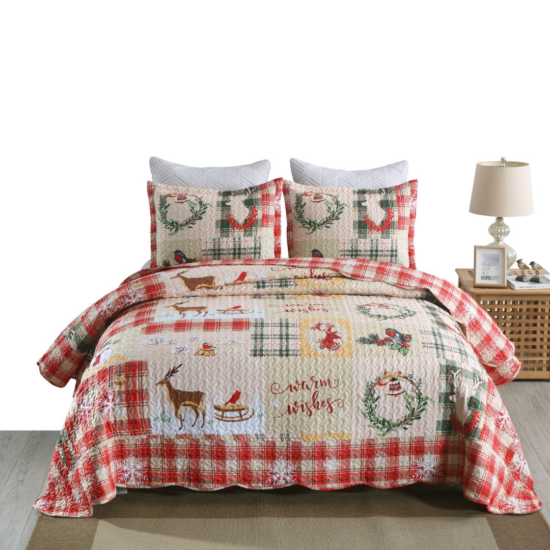 3 Piece Christmas Quilt Set Lightweight Holiday Plaid Patchwork Bedspread B021