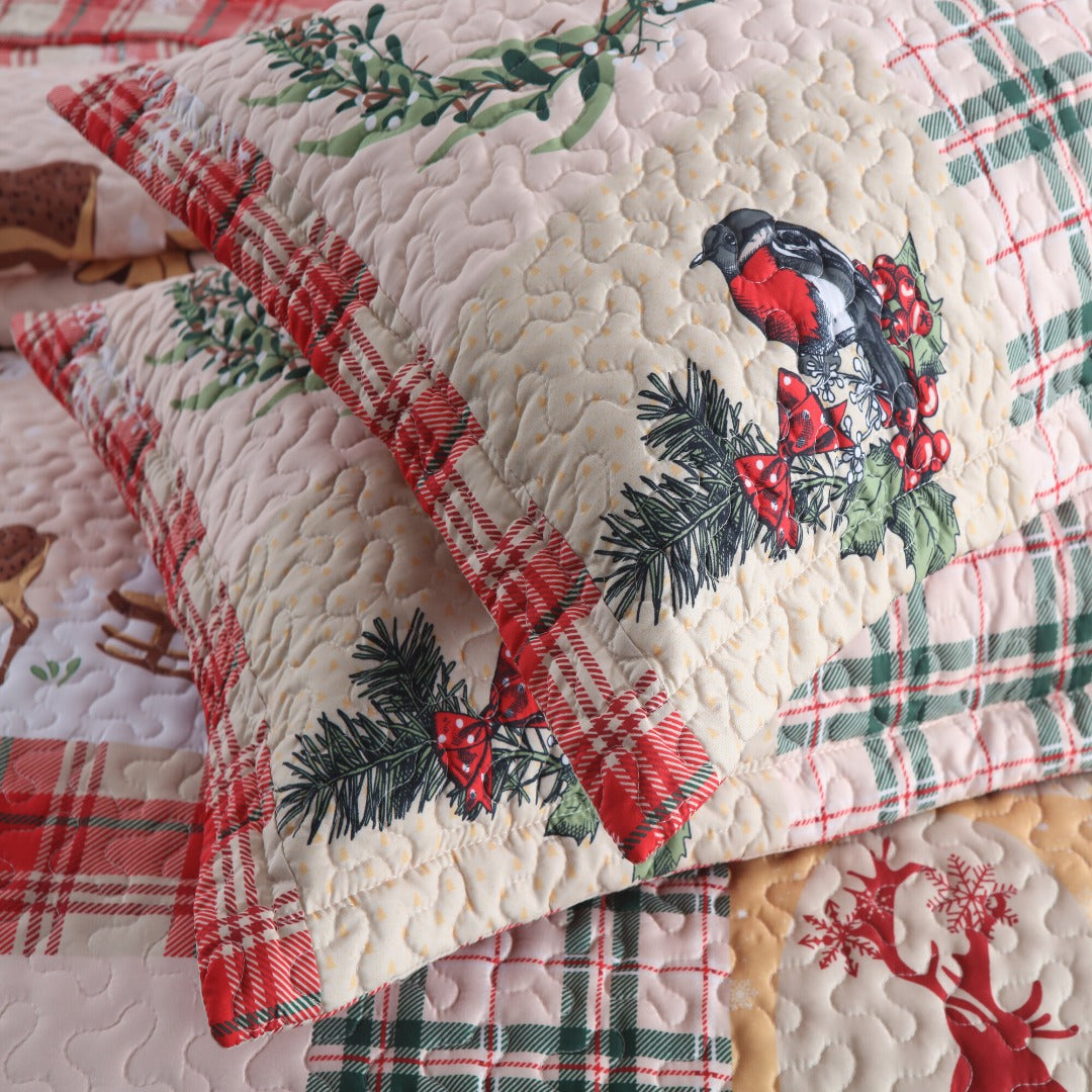 3 Piece Christmas Quilt Set Lightweight Holiday Plaid Patchwork Bedspread B021