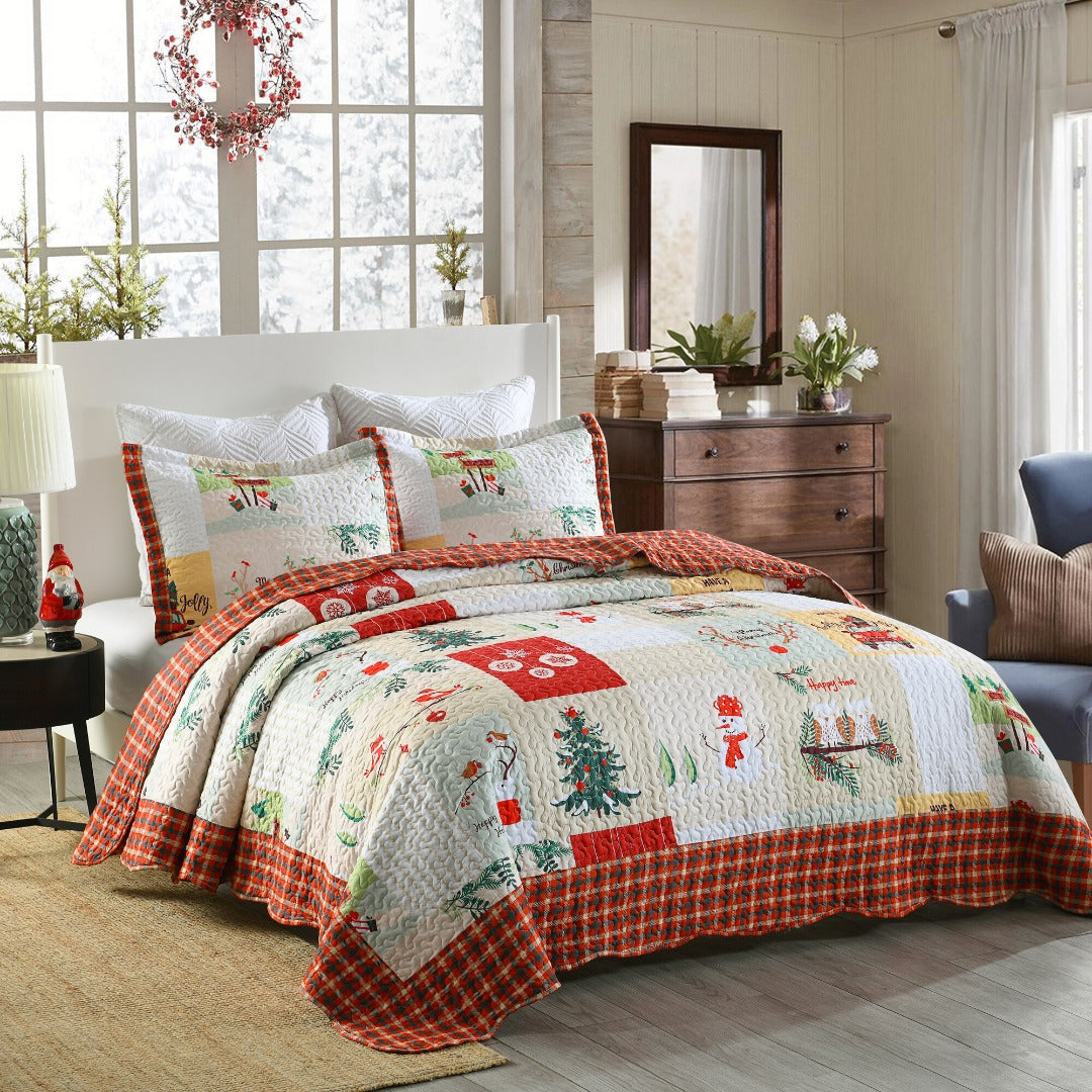 3 Piece Christmas Patchwork Quilt Set Lightweight Holiday Bedspread B022