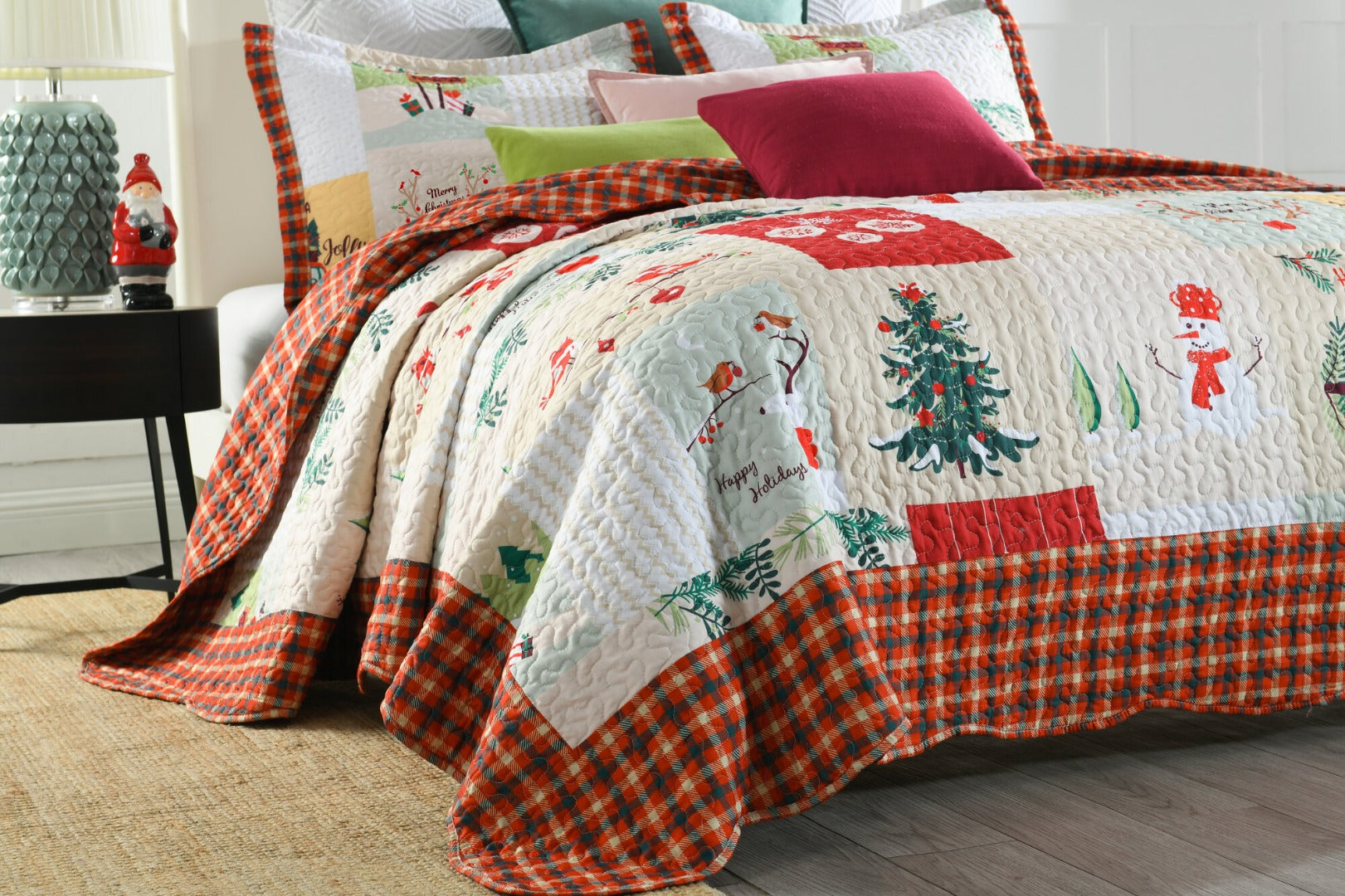 3 Piece Christmas Patchwork Quilt Set Lightweight Holiday Bedspread B022