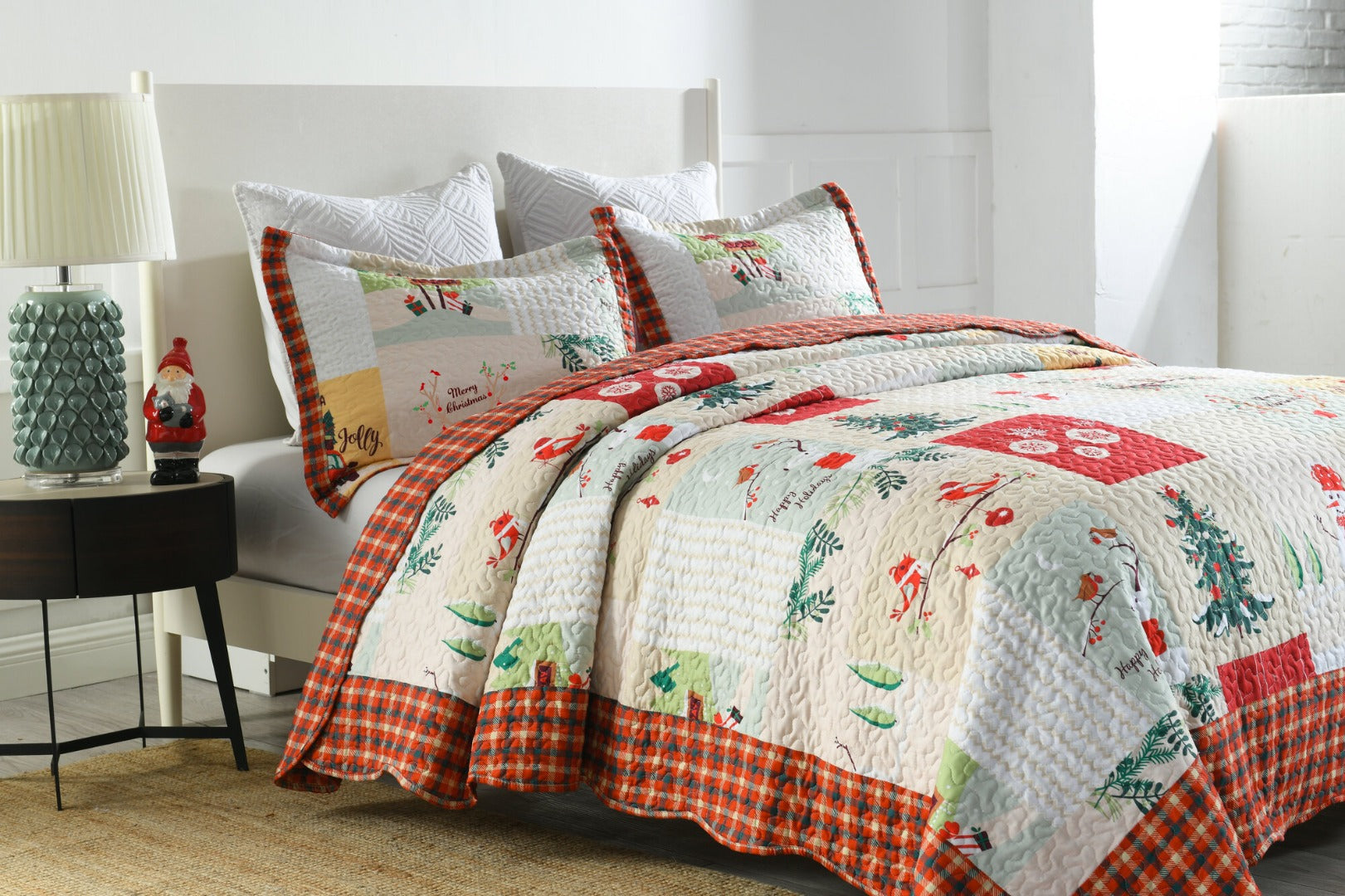 3 Piece Christmas Patchwork Quilt Set Lightweight Holiday Bedspread B022