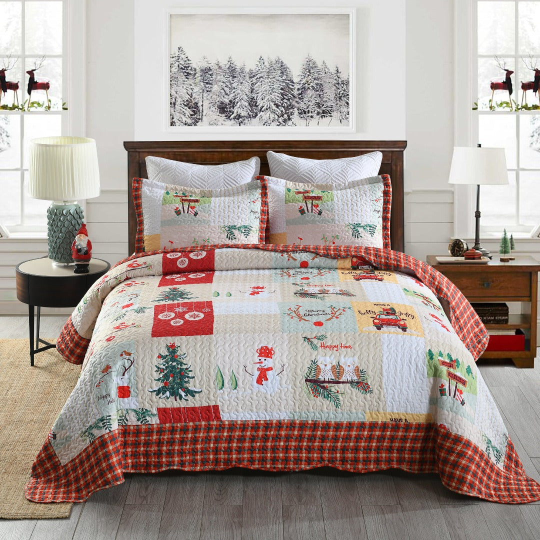 3 Piece Christmas Patchwork Quilt Set Lightweight Holiday Bedspread B022