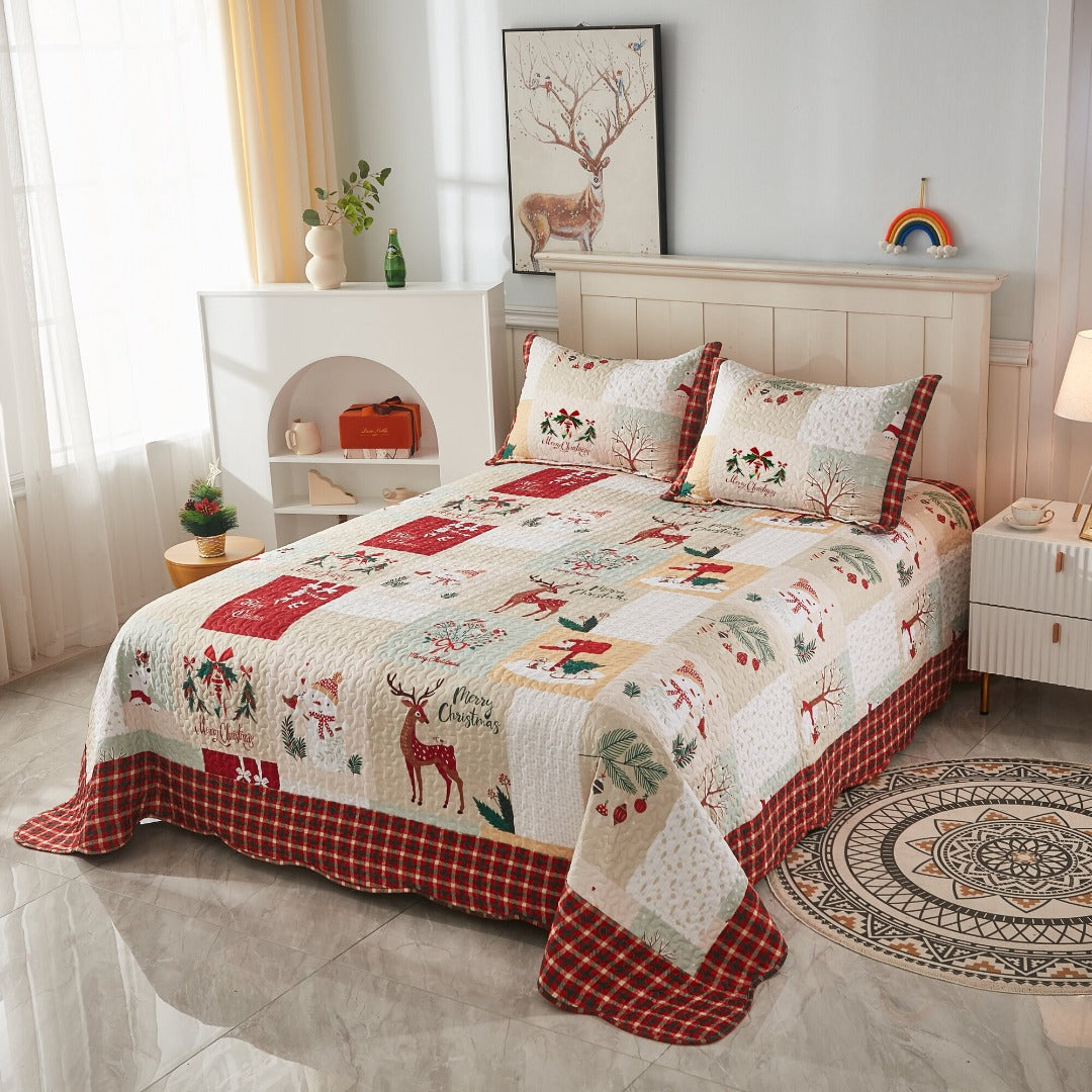 3 Piece Christmas Holiday Quilt Set Patchwork Winter Bedspread B023