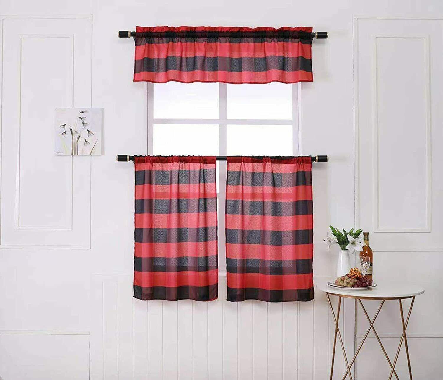 Buffalo Check Kitchen Curtains – 3 Piece Tier Set with Valance