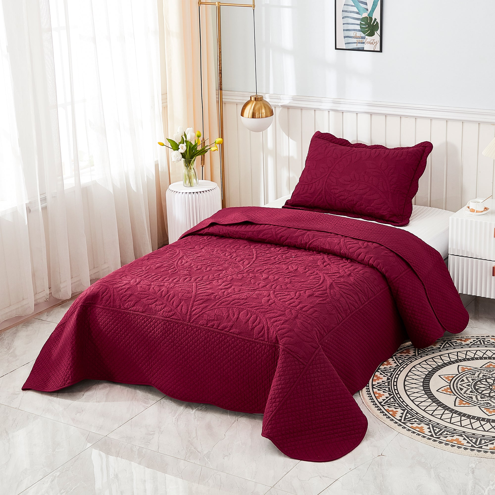 3 Piece 100% Cotton Quilt Set, Oversized Quilted Bedspread T