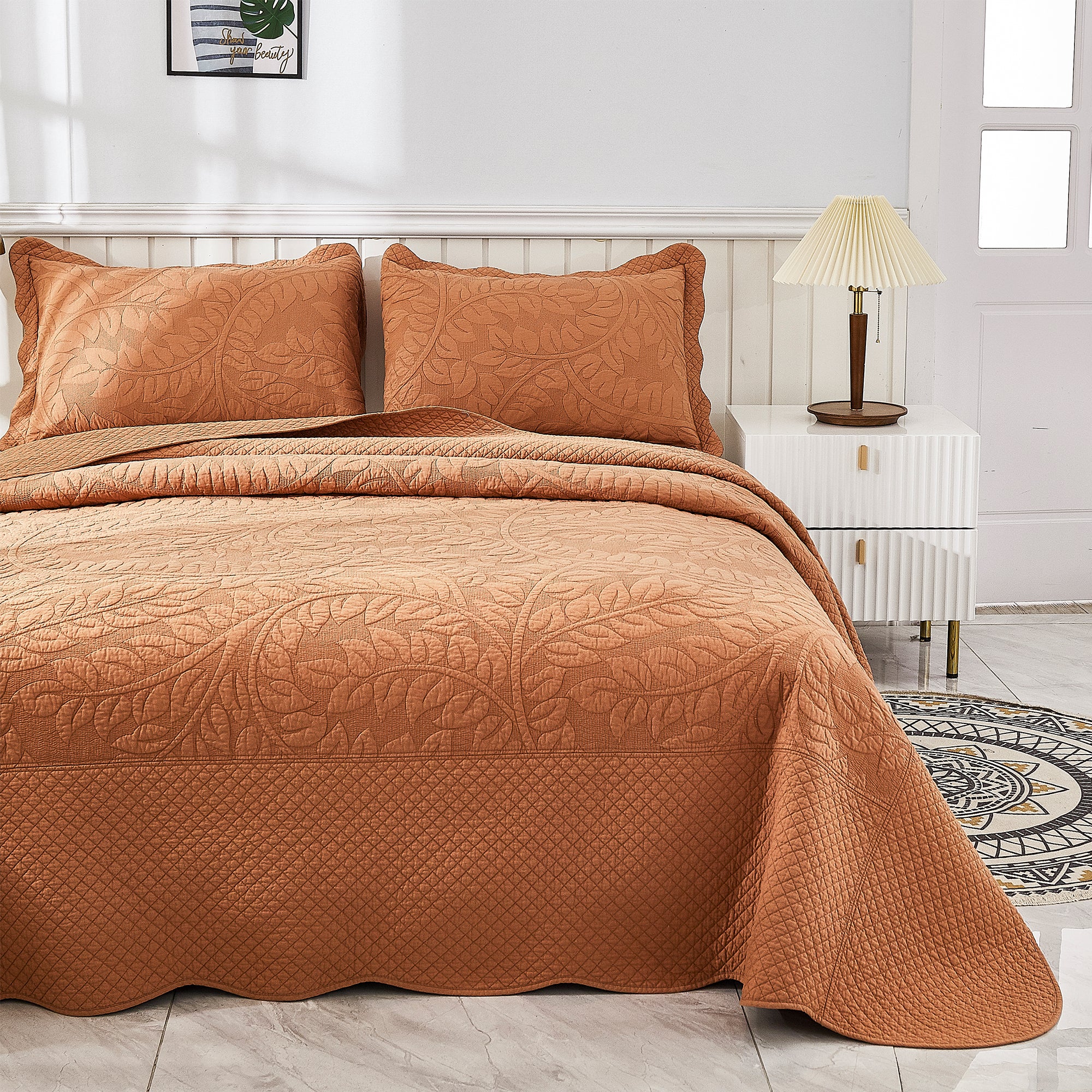 3 Piece 100% Cotton Quilt Set, Oversized Quilted Bedspread T