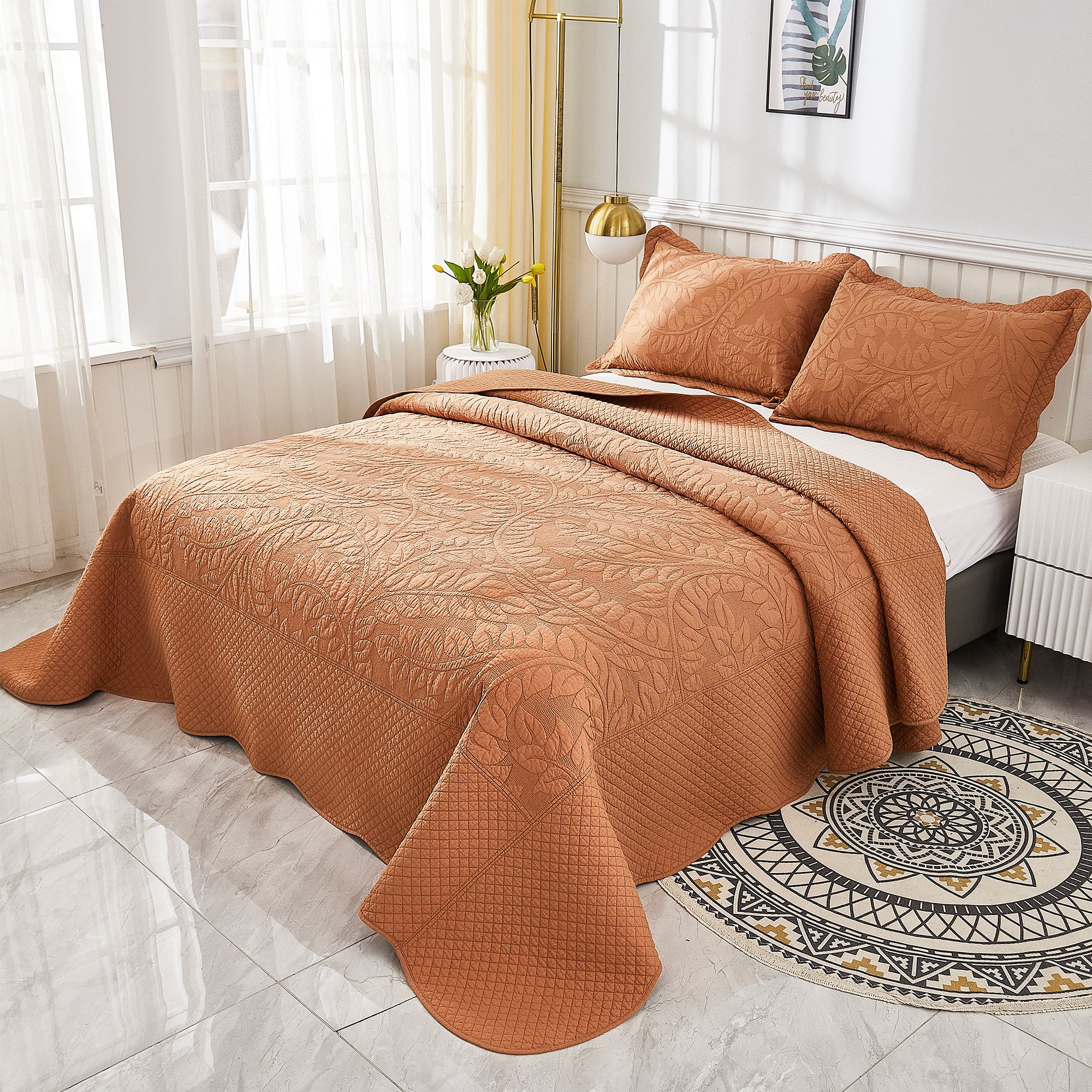 3 Piece 100% Cotton Quilt Set, Oversized Quilted Bedspread T