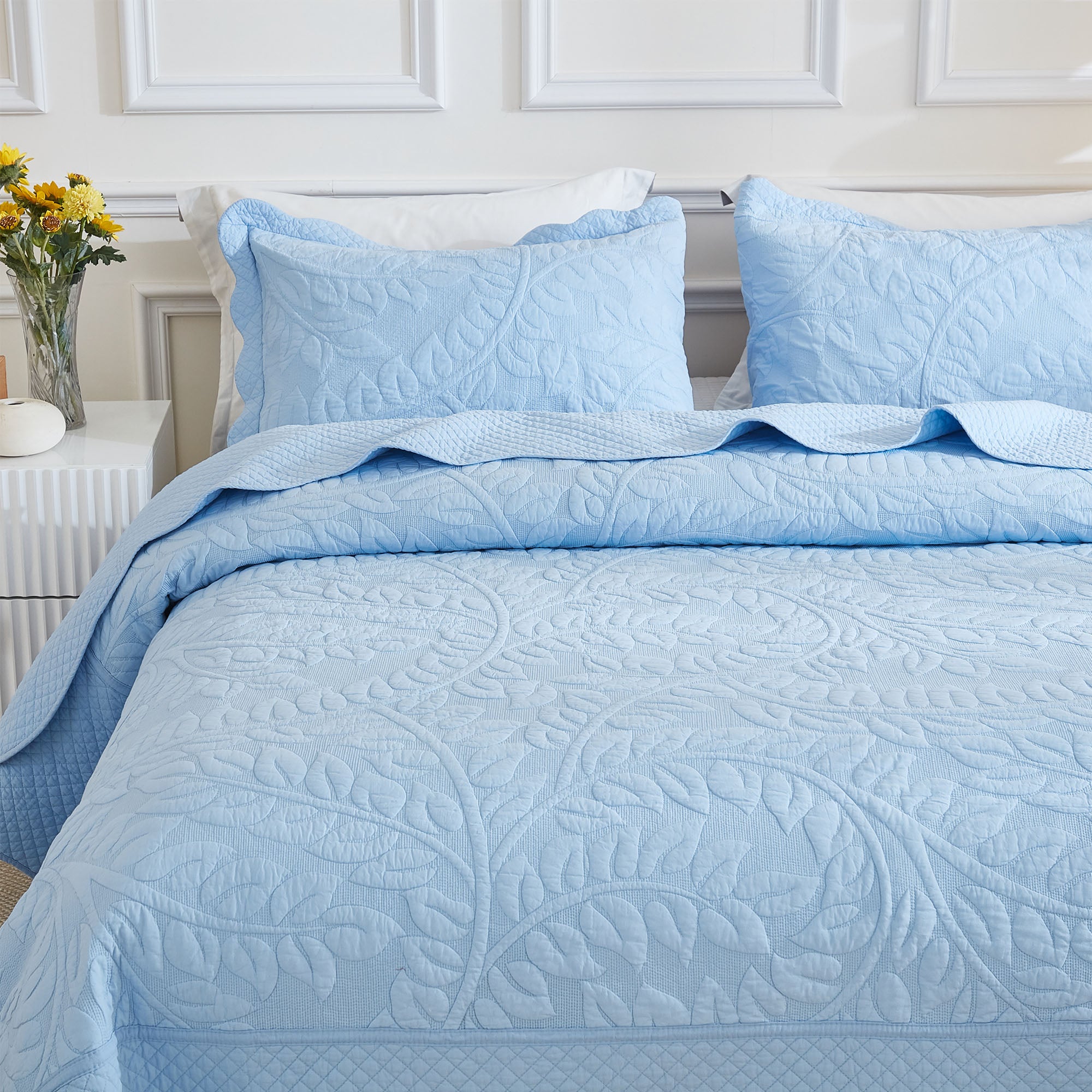 3 Piece 100% Cotton Quilt Set, Oversized Quilted Bedspread T