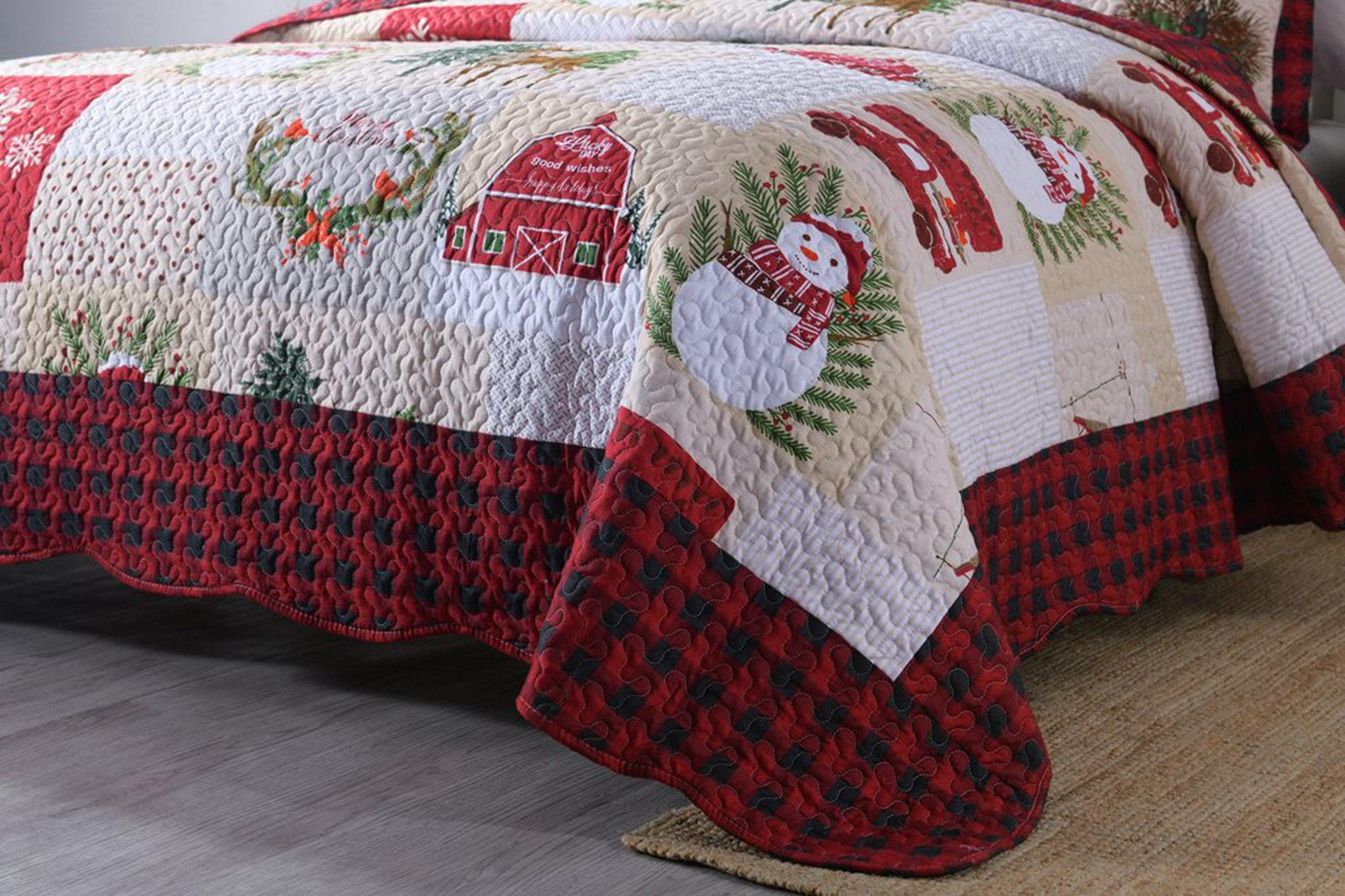 3 Piece Christmas Snowman Patchwork Quilt Set – Reversible Holiday Bedspread BY013