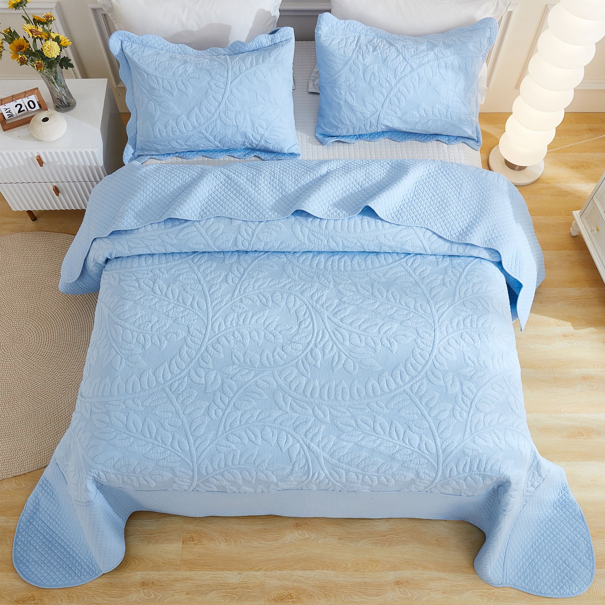 3 Piece 100% Cotton Quilt Set, Oversized Quilted Bedspread T