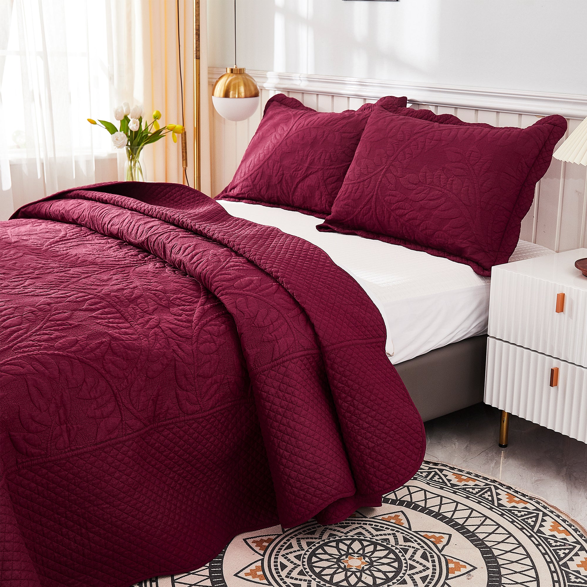 3 Piece 100% Cotton Quilt Set, Oversized Quilted Bedspread T