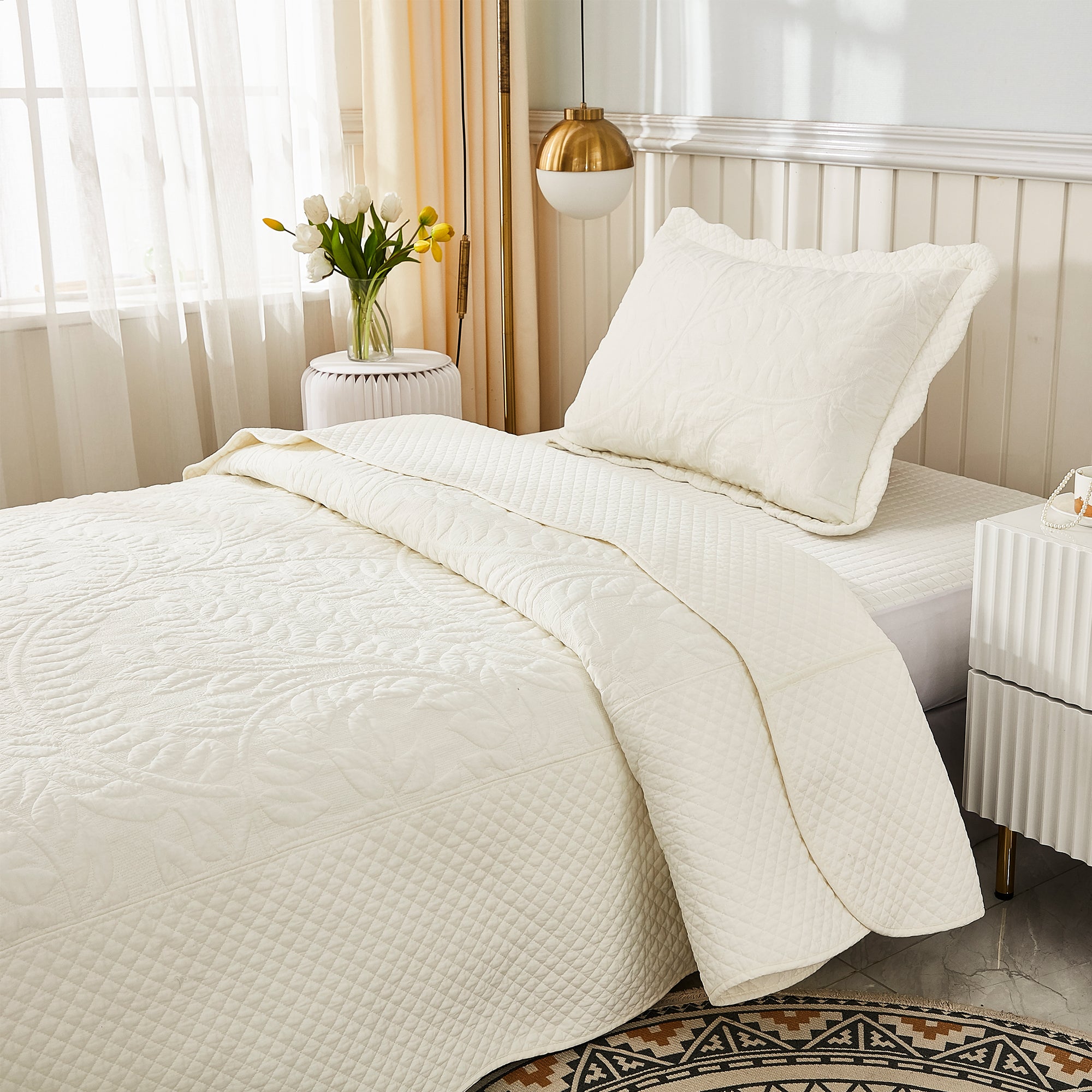 3 Piece 100% Cotton Quilt Set, Oversized Quilted Bedspread T