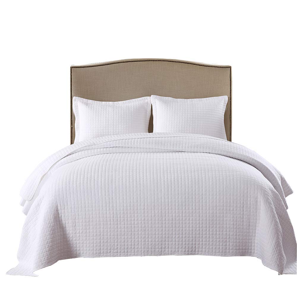 3 Piece Cotton Quilt Set White Square Quilted Bedspread B33