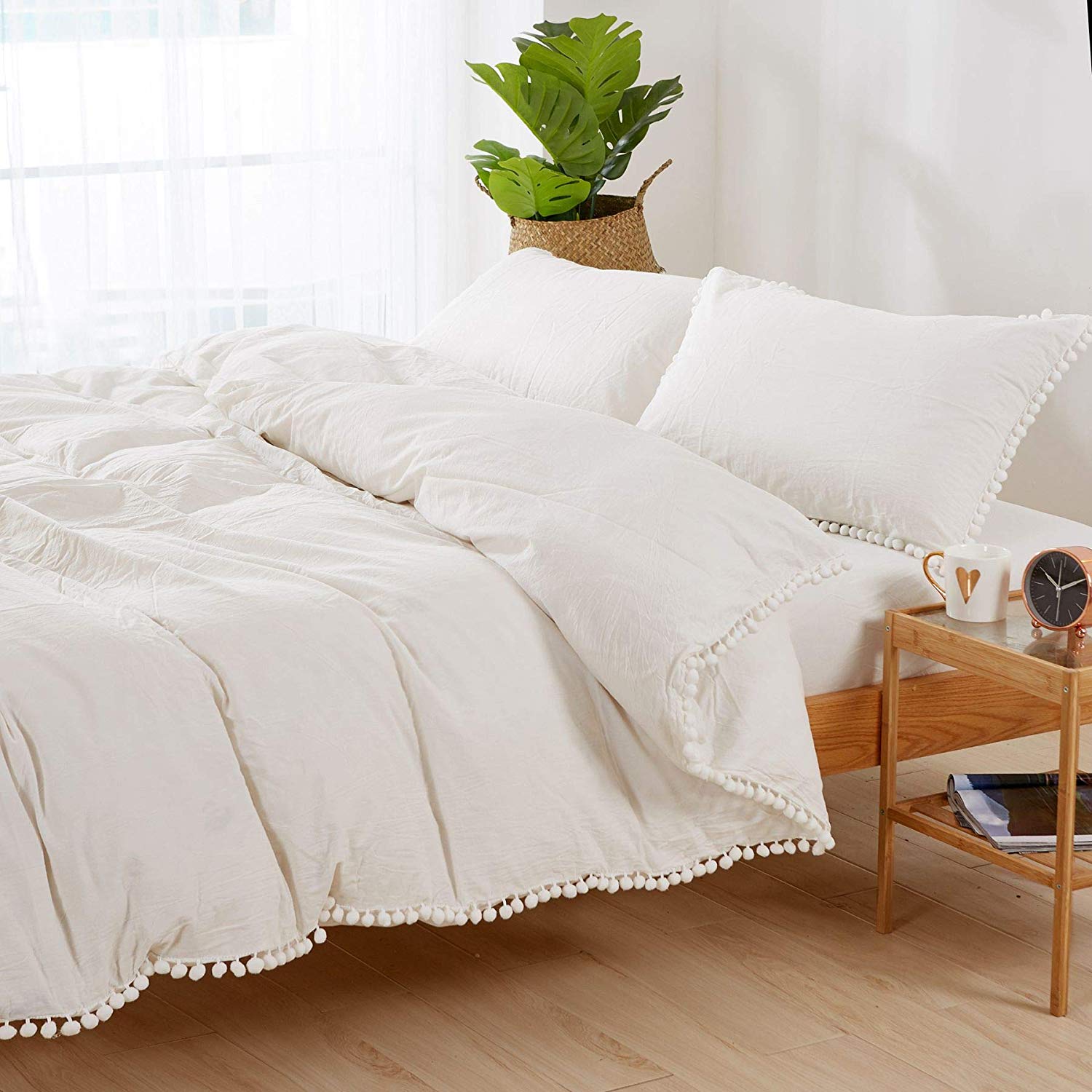 3 Piece 100% Cotton Duvet Cover Set, Pompom Soft Breathable Bedding