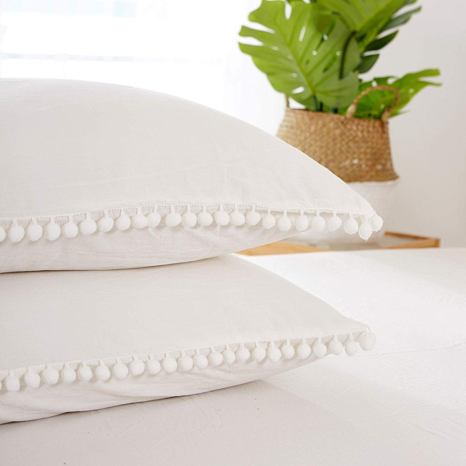 3 Piece 100% Cotton Duvet Cover Set, Pompom Soft Breathable Bedding