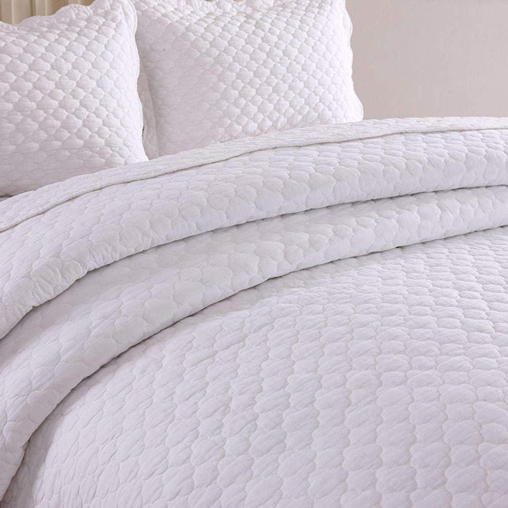 3 Piece 100% Cotton Quilt Set, Lightweight Quilted Bedspread White